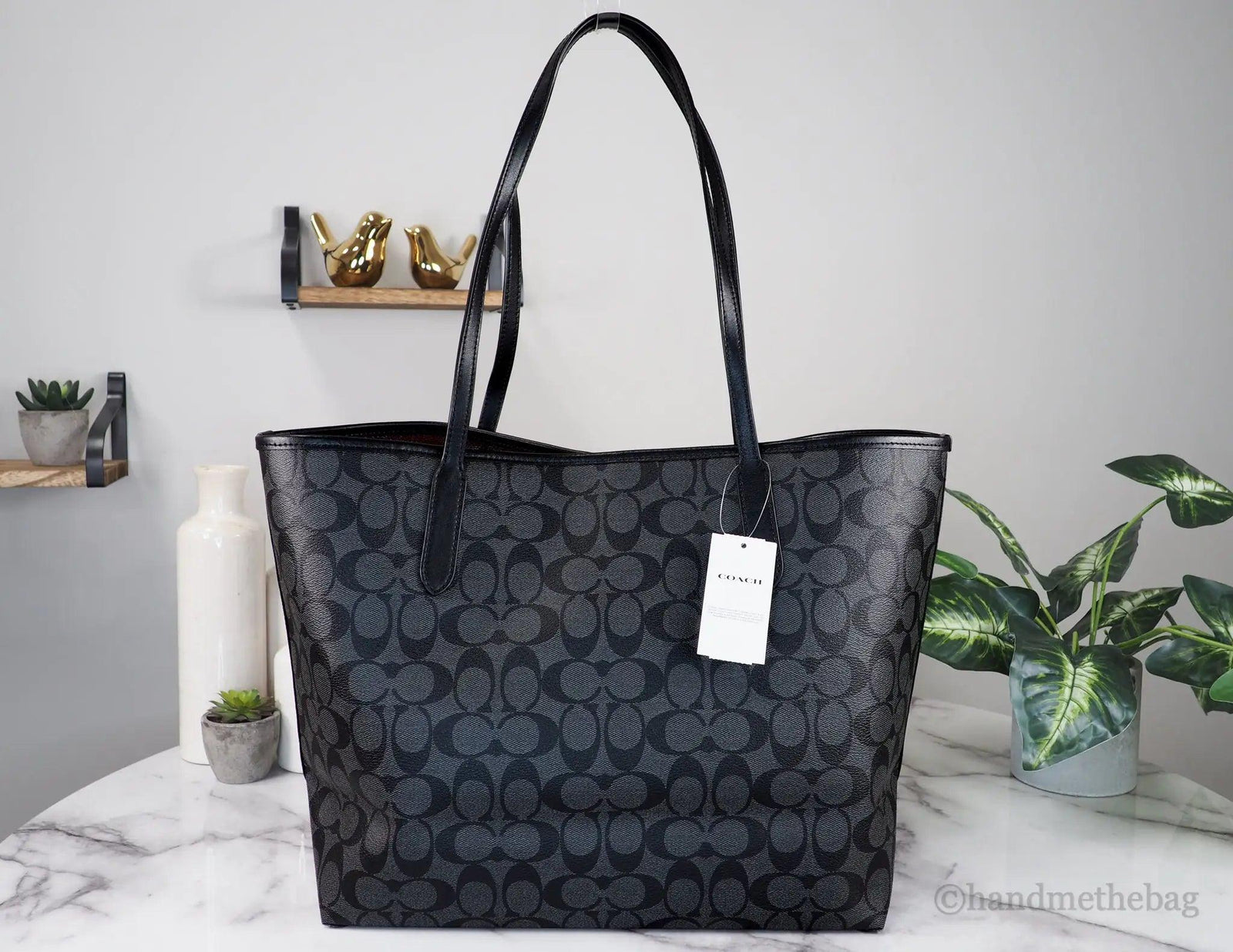 Coach (5696) Graphite Black Signature Coated Canvas City Tote Shoulder Handbag - Evallys.com # #