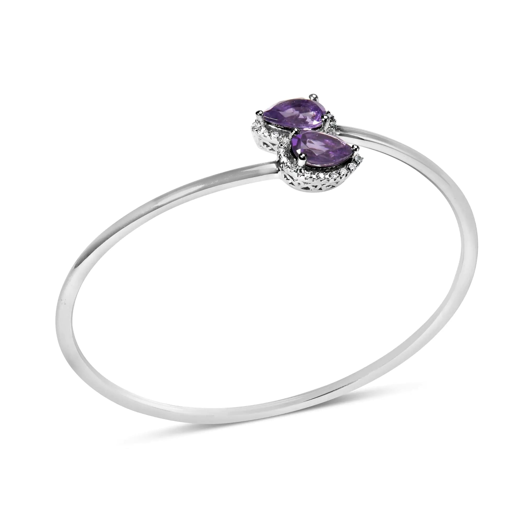 .925 Sterling Silver 8 x 5.5mm Pear Shape Amethyst  and Diamond Accent Halo Bypass Bangle Bracelet (H-I Color, SI1-SI2 Clarity)  - Fits up to 7" Inches - Evallys.com # #