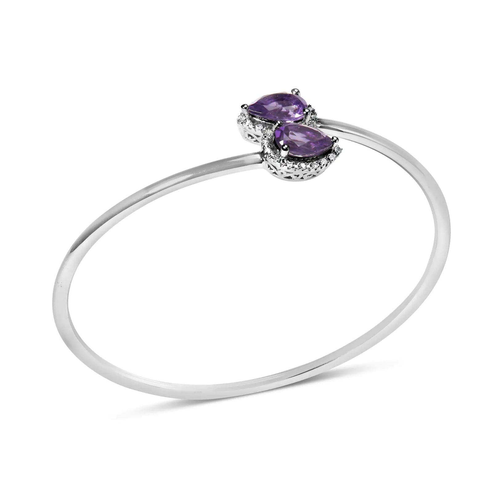 .925 Sterling Silver 8 x 5.5mm Pear Shape Amethyst  and Diamond Accent Halo Bypass Bangle Bracelet (H-I Color, SI1-SI2 Clarity)  - Fits up to 7