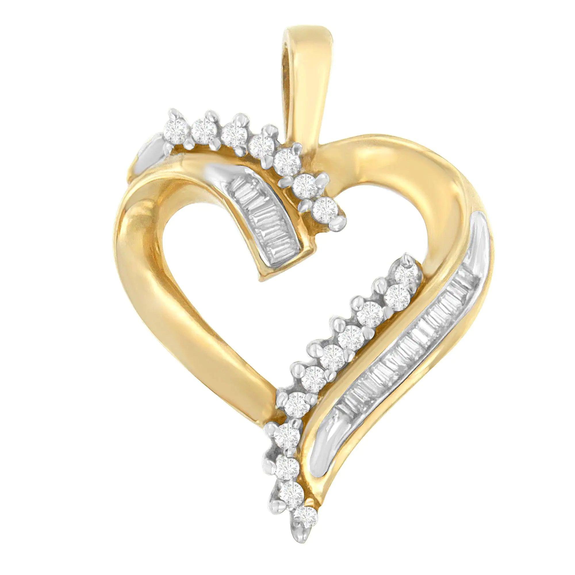 10K Yellow Gold Round and Baguette Diamond Love Forever Heart Pendant Necklace (1/4 cttw, H-I Color, SI1-SI2 Clarity) - Evallys.com # #