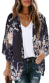 Women's Floral Print Puff Sleeve Kimono Cardigan Loose Cover Up Casual Blouse Tops Small Orange Black - Evallys.com