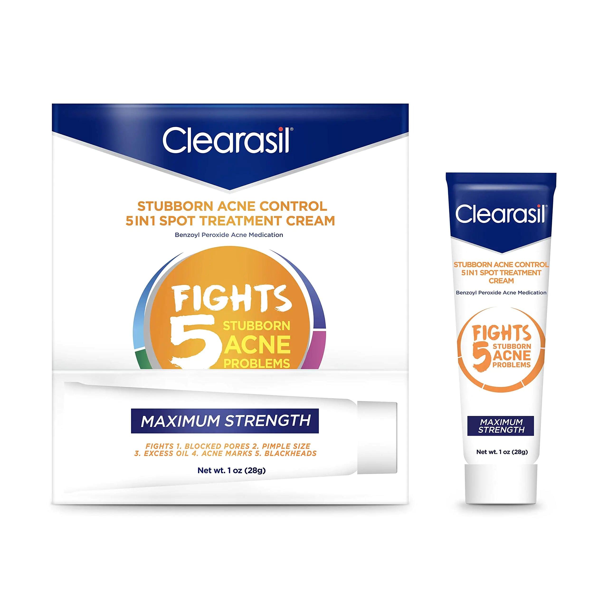 Clearasil Stubborn Acne Control 5in1 Spot Treatment Cream, Maximum Strenght with 10% Benzoyl Peroxide, Acne Medication, 1 oz 1 Ounce (Pack of 1) - Evallys.com # #