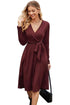 Newshows Womens 2024 Fall Sweater Dress Long Sleeve Business Casual Outfits V Neck Ribbed Knit Belt Trendy with Pockets Wine Red Large - Evallys.com # #