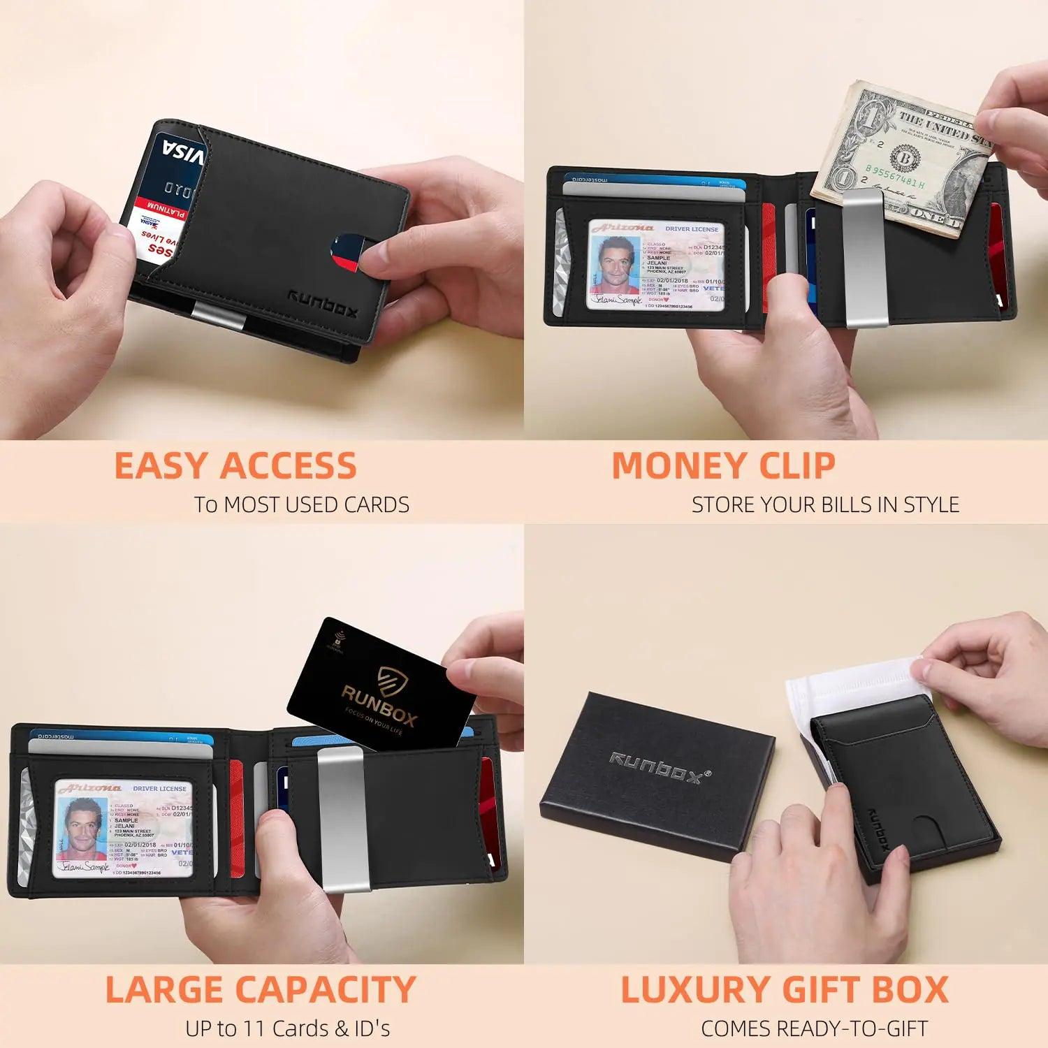 RUNBOX Slim Wallets for Men - Leather Money Clip Mens Wallet - RFID Blocking Front Pocket Bifold Wallet - Thin Credit Card Holder with Gift Box Bicolor Crazy Horse Black - Evallys.com # #