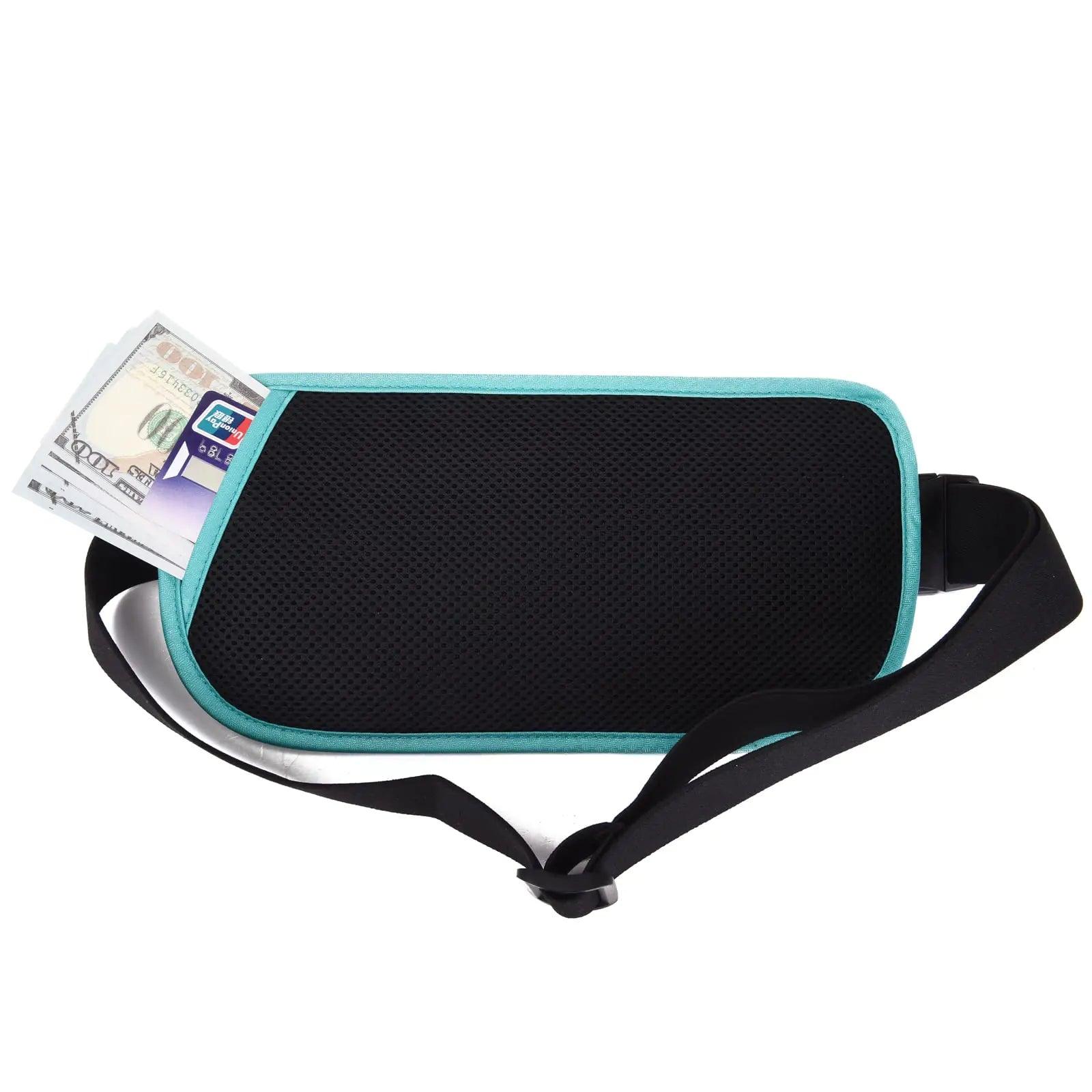 RFID Blocking Money Belt for Men Women, Slim Fanny Pack for Travel，Running,Conceal Waist Wallet for Passport Holder,Phone,Cash(Black Mint Green) Black Mint Green Rfid Blocking & Belt Wide:1.45Inch - Evallys.com # #