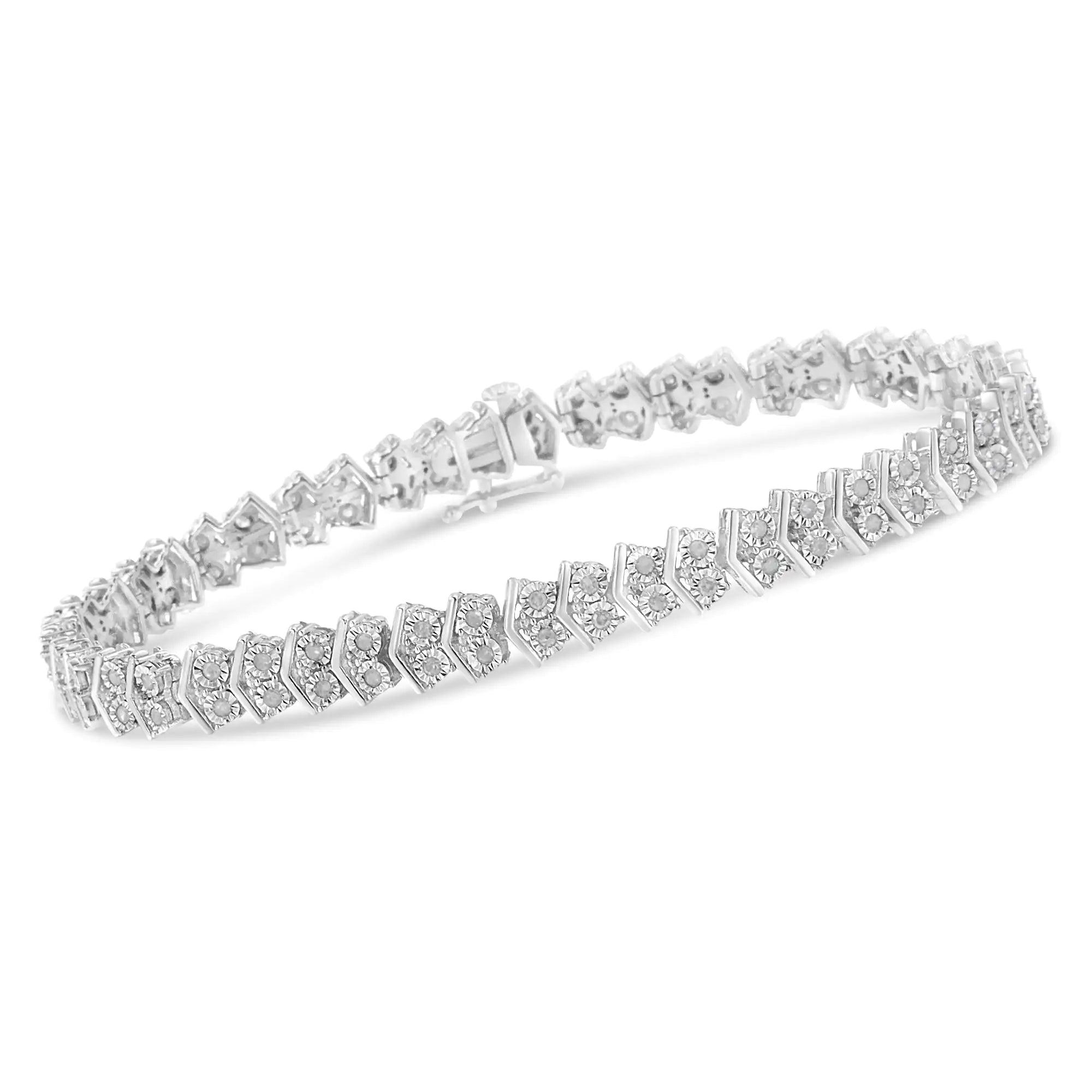 .925 Sterling Silver 1.0 Cttw Chevron 2 Stone Arrow Link Tennis Bracelet (I-J Color, I3 Clarity) - 7” - Evallys.com # #