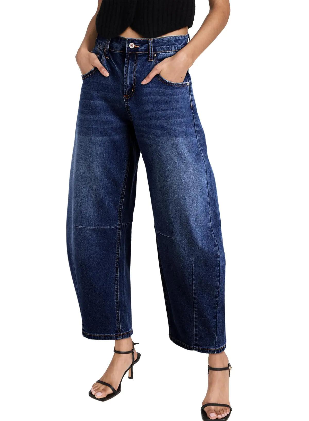 Sidefeel Women's Barrel Jeans Wide Leg Vintage Mid Rise Y2k Baggy Boyfriend Ankle Denim Pants 18 Deep Blue - Evallys.com # #