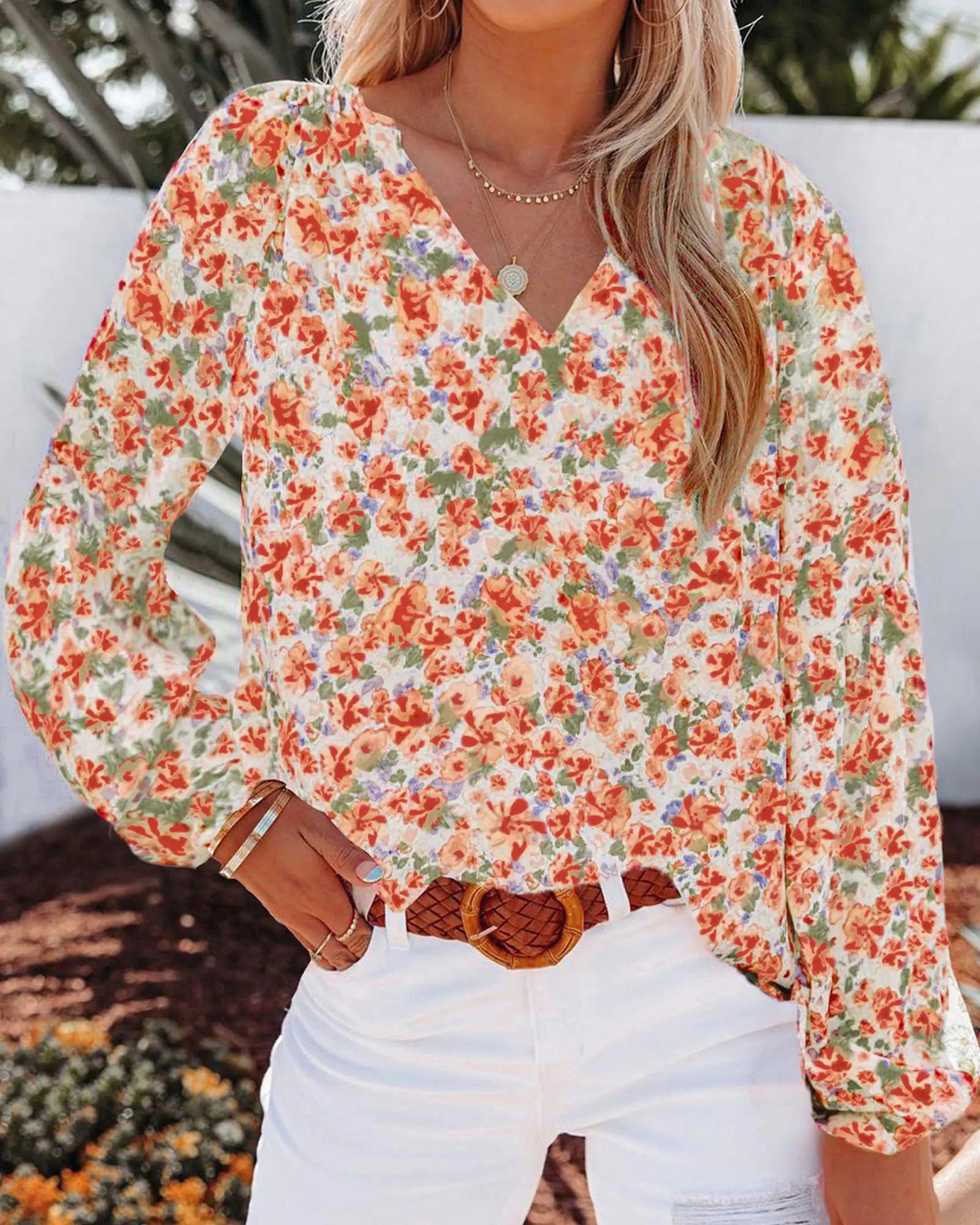 BTFBM Women Casual Boho Blouse Fashion Floral Shirts V Neck Long Puff Sleeve Lightweight Chiffon Summer Fall Tops 2024 Floral Orange Large - Evallys.com # #