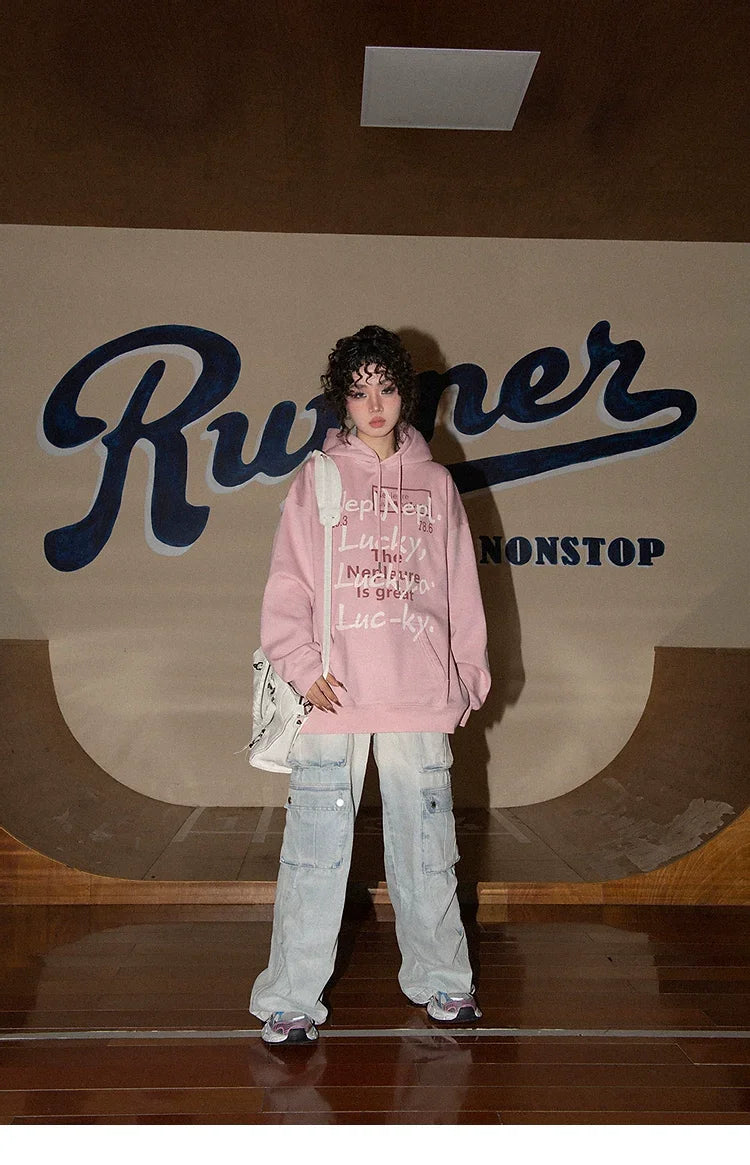 American Style Retro Alphabet Padded Fleece Sweater Women's Hooded Autumn and Winter 2023 New Winter Oversize Coat Fashion - Evallys.com