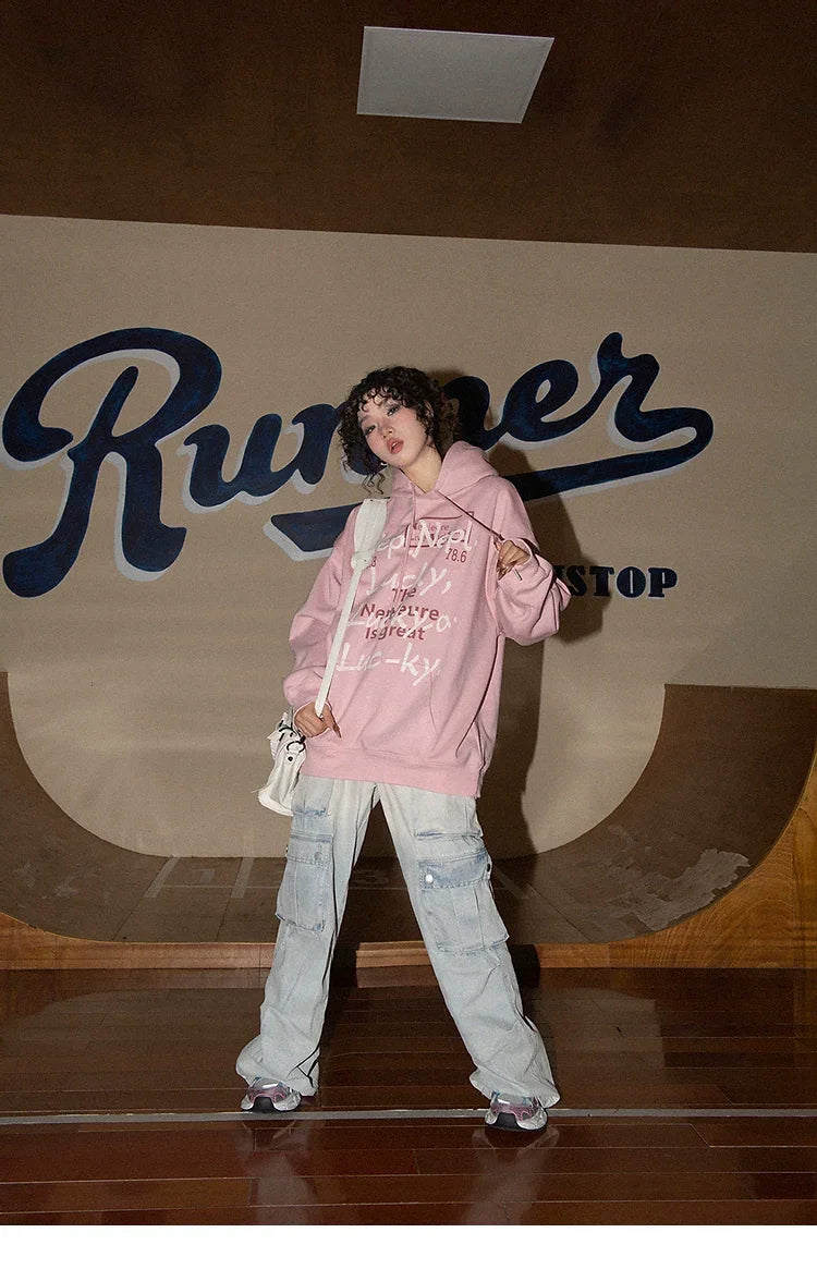 American Style Retro Alphabet Padded Fleece Sweater Women's Hooded Autumn and Winter 2023 New Winter Oversize Coat Fashion - Evallys.com