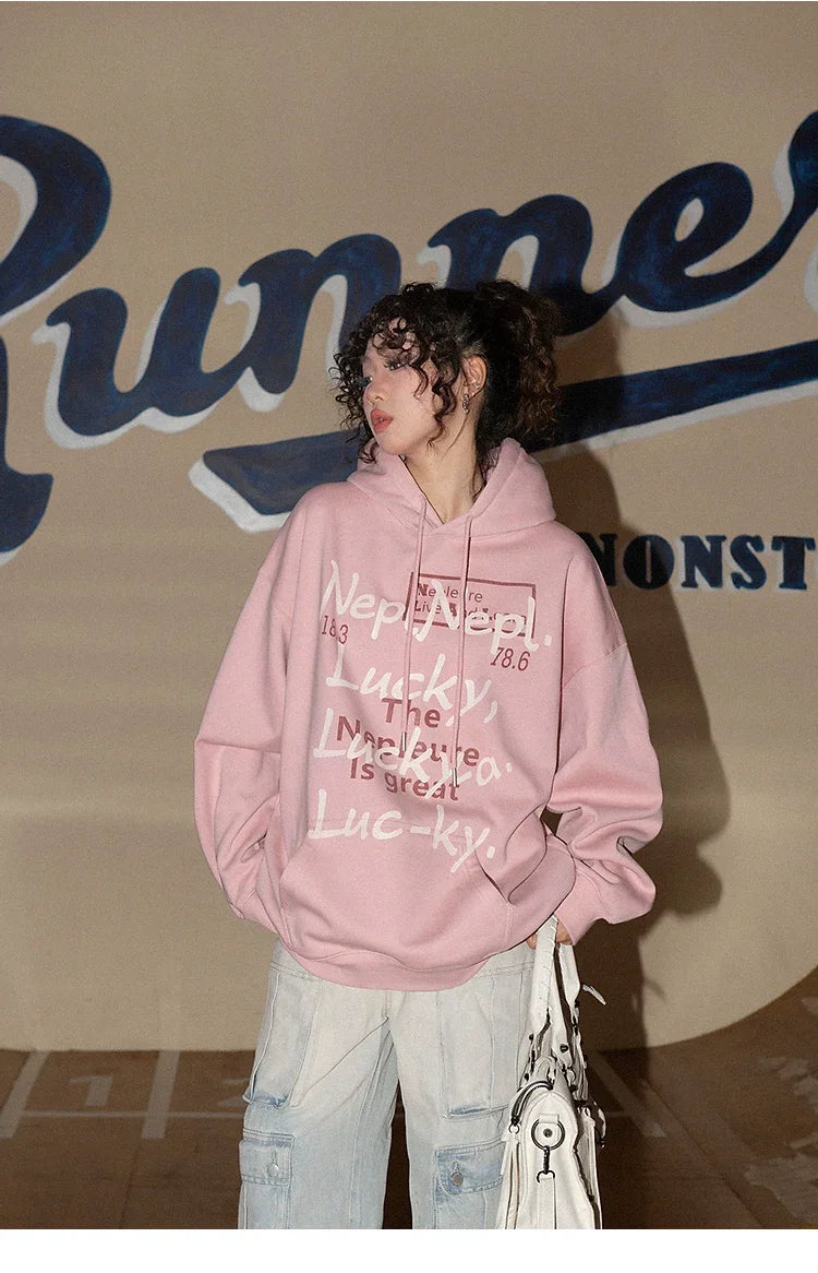 American Style Retro Alphabet Padded Fleece Sweater Women's Hooded Autumn and Winter 2023 New Winter Oversize Coat Fashion - Evallys.com