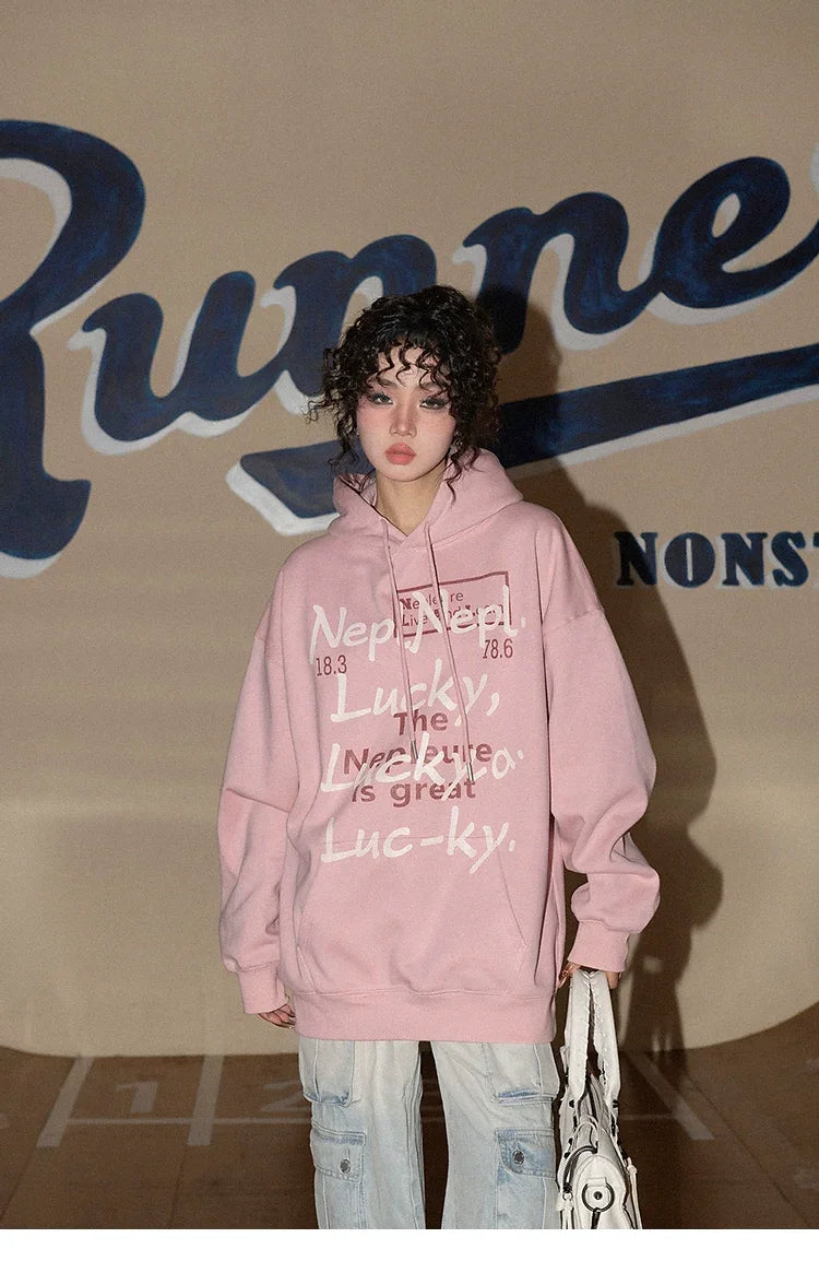 American Style Retro Alphabet Padded Fleece Sweater Women's Hooded Autumn and Winter 2023 New Winter Oversize Coat Fashion - Evallys.com