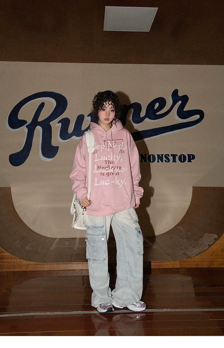 American Style Retro Alphabet Padded Fleece Sweater Women's Hooded Autumn and Winter 2023 New Winter Oversize Coat Fashion - Evallys.com