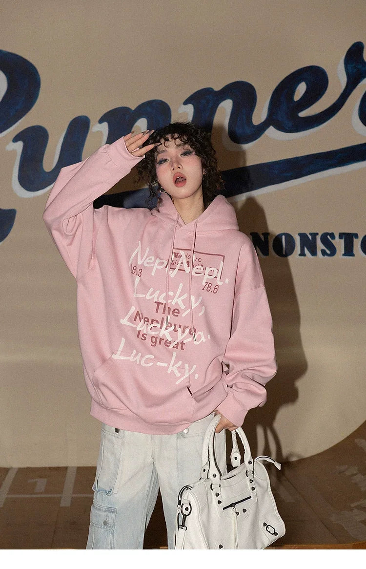 American Style Retro Alphabet Padded Fleece Sweater Women's Hooded Autumn and Winter 2023 New Winter Oversize Coat Fashion - Evallys.com