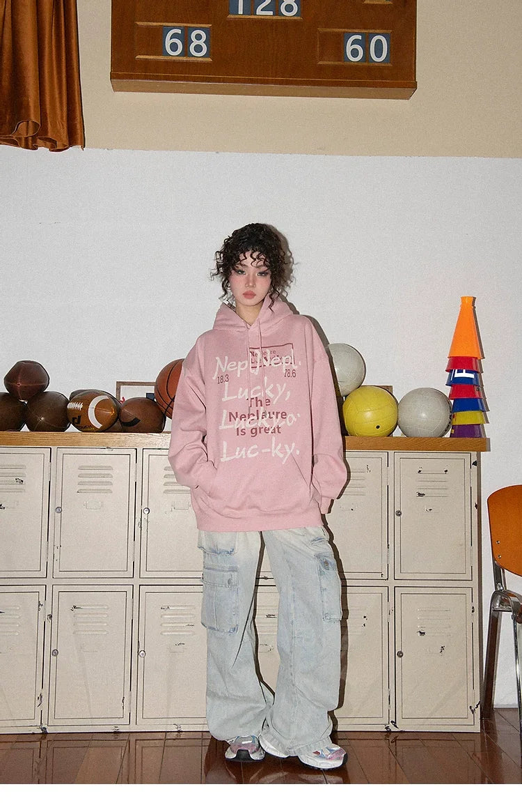 American Style Retro Alphabet Padded Fleece Sweater Women's Hooded Autumn and Winter 2023 New Winter Oversize Coat Fashion - Evallys.com