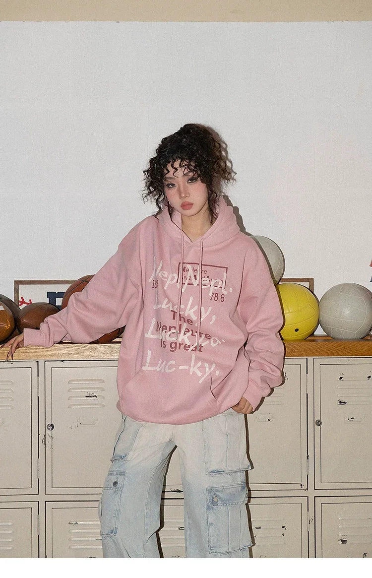 American Style Retro Alphabet Padded Fleece Sweater Women's Hooded Autumn and Winter 2023 New Winter Oversize Coat Fashion - Evallys.com