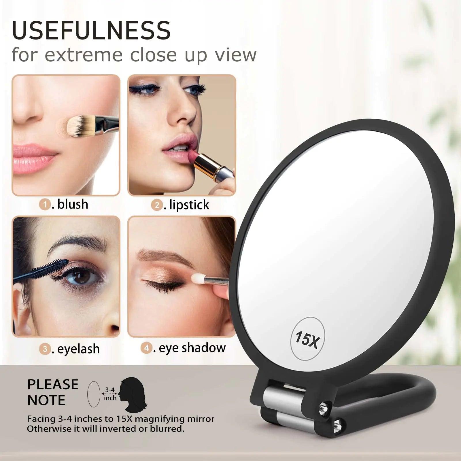 Magnifying Handheld Mirror Double Sided, 1X 15X Magnification Hand Mirror, Travel Folding Held Adjustable Rotation Pedestal Makeup Desk Vanity - Evallys.com # #