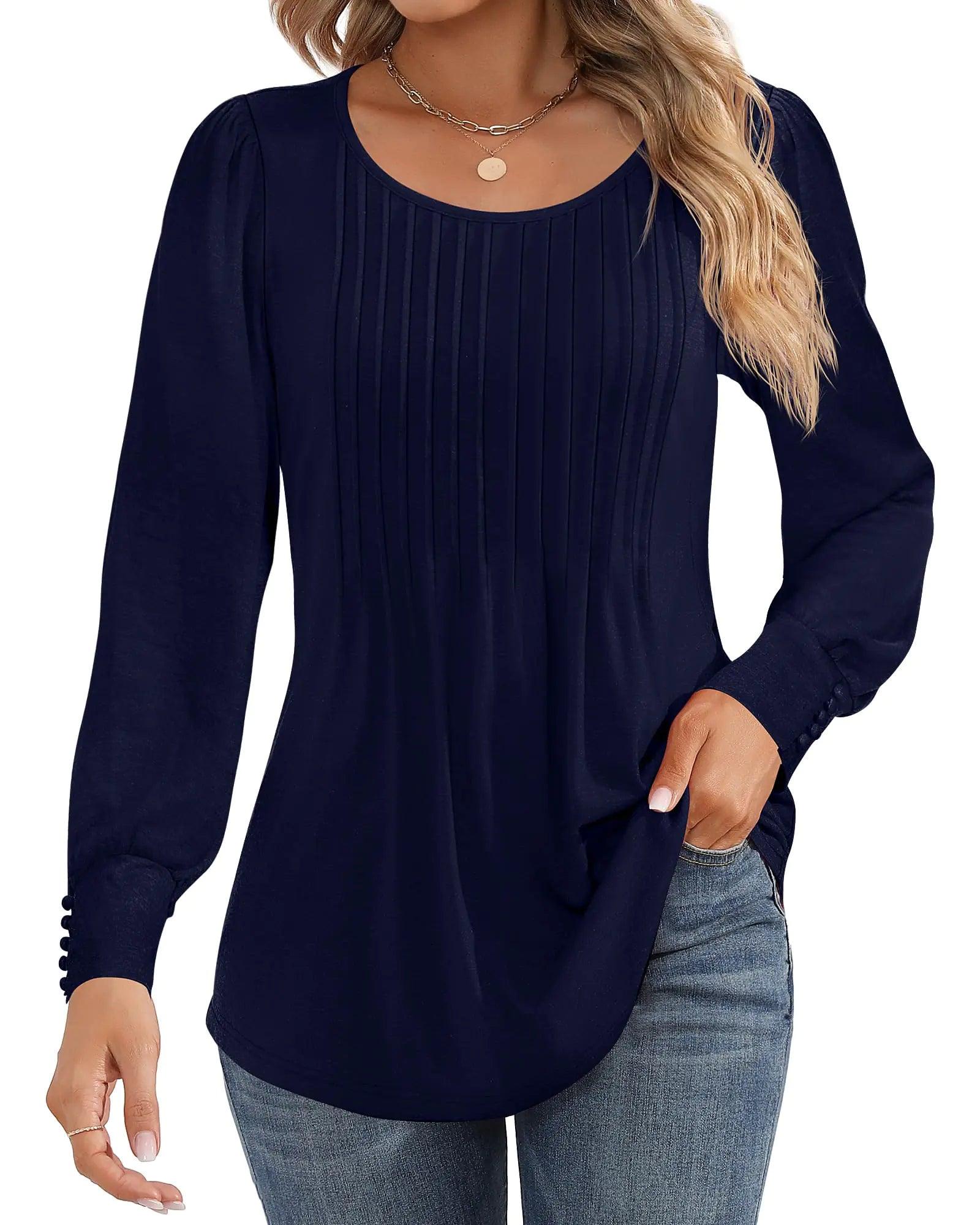 Ficerd Women's Puff Long Sleeve Tunic Tops Pleated Crew Neck Blouses Dressy Casual Loose Fit Fall and Winter Shirts Pink Floral Large - Evallys.com