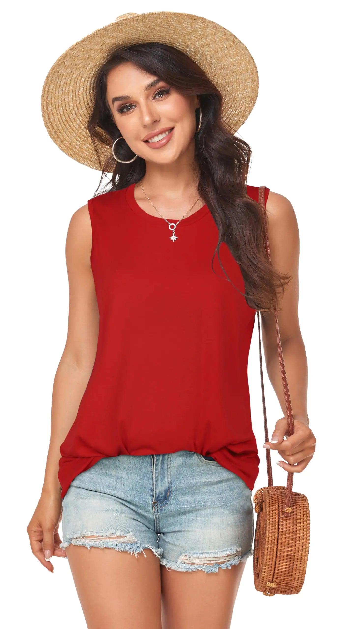 Womens Tank Tops Summer T Shirts Sleeveless Casual Loose Tunic Blouses Small Pure Red - Evallys.com