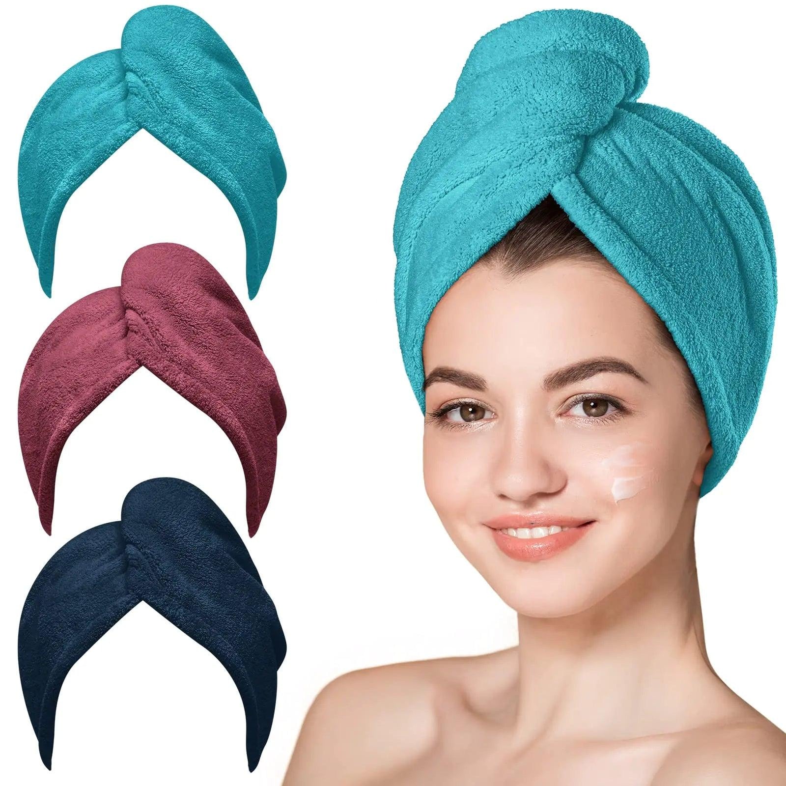 Hicober Microfiber Hair Towel, 3 Packs Hair Turbans for Wet Hair, Drying Hair Wrap Towels for Curly Hair Women Anti Frizz (Plum,Navy,Aqua Green) Plum,navy,aqua Green Large - Evallys.com # #