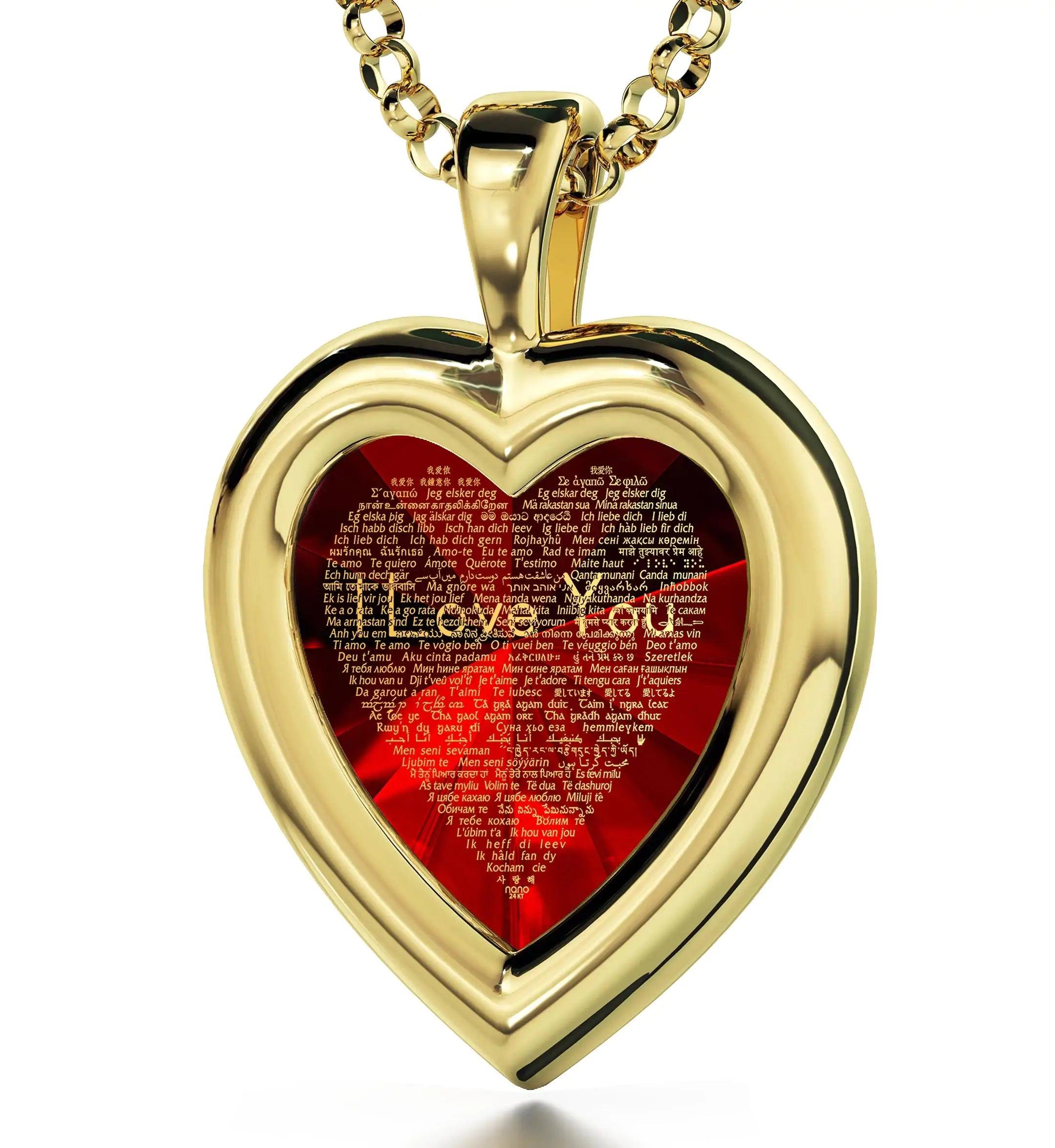 Gold Plated Silver Heart Jewelry Set I Love You Necklace in 120 Languages and Crystal Earrings - Evallys.com # #