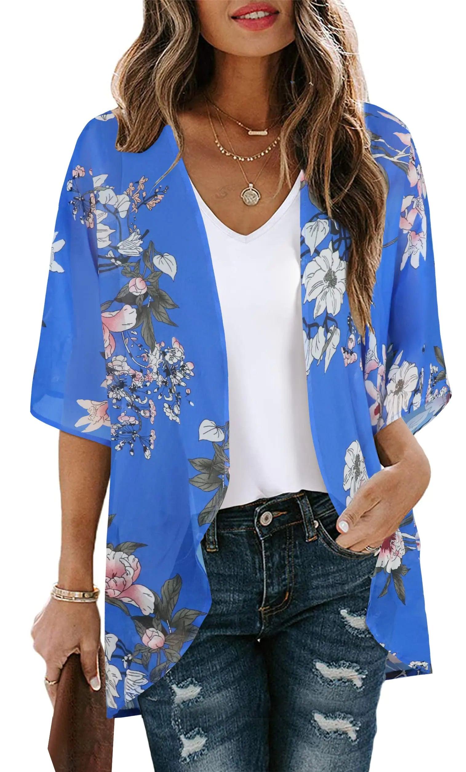 Women's Floral Print Puff Sleeve Kimono Cardigan Loose Cover Up Casual Blouse Tops Small Orange Black - Evallys.com