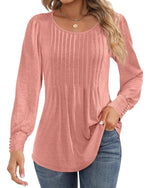 Ficerd Women's Puff Long Sleeve Tunic Tops Pleated Crew Neck Blouses Dressy Casual Loose Fit Fall and Winter Shirts Pink Floral Large - Evallys.com