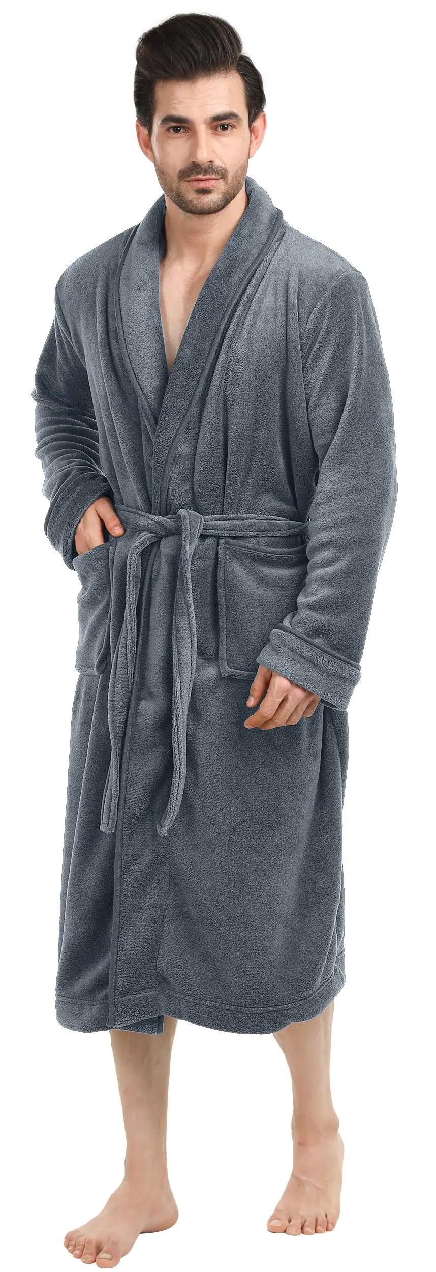 NY Threads Luxurious Men's Shawl Collar Fleece Bathrobe Spa Robe Large-X-Large Grey - Evallys.com