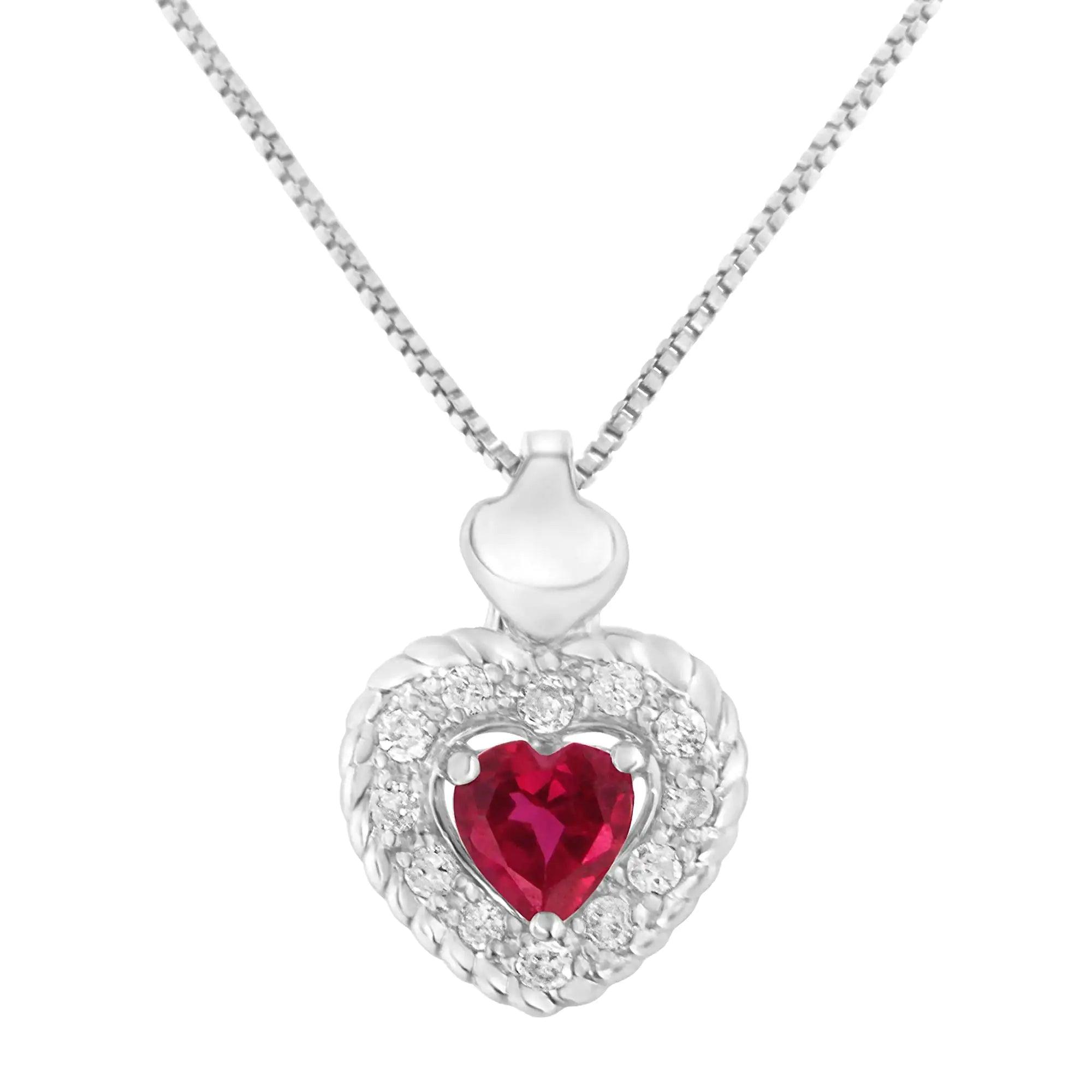 .925 Sterling Silver, ¾ Cttw Lab-Created Ruby, 1/4 Cttw Diamond Heart Ring, Earrings, and Pendant Necklace Set (I-J Color, I2-I3 Clarity) - Evallys.com # #