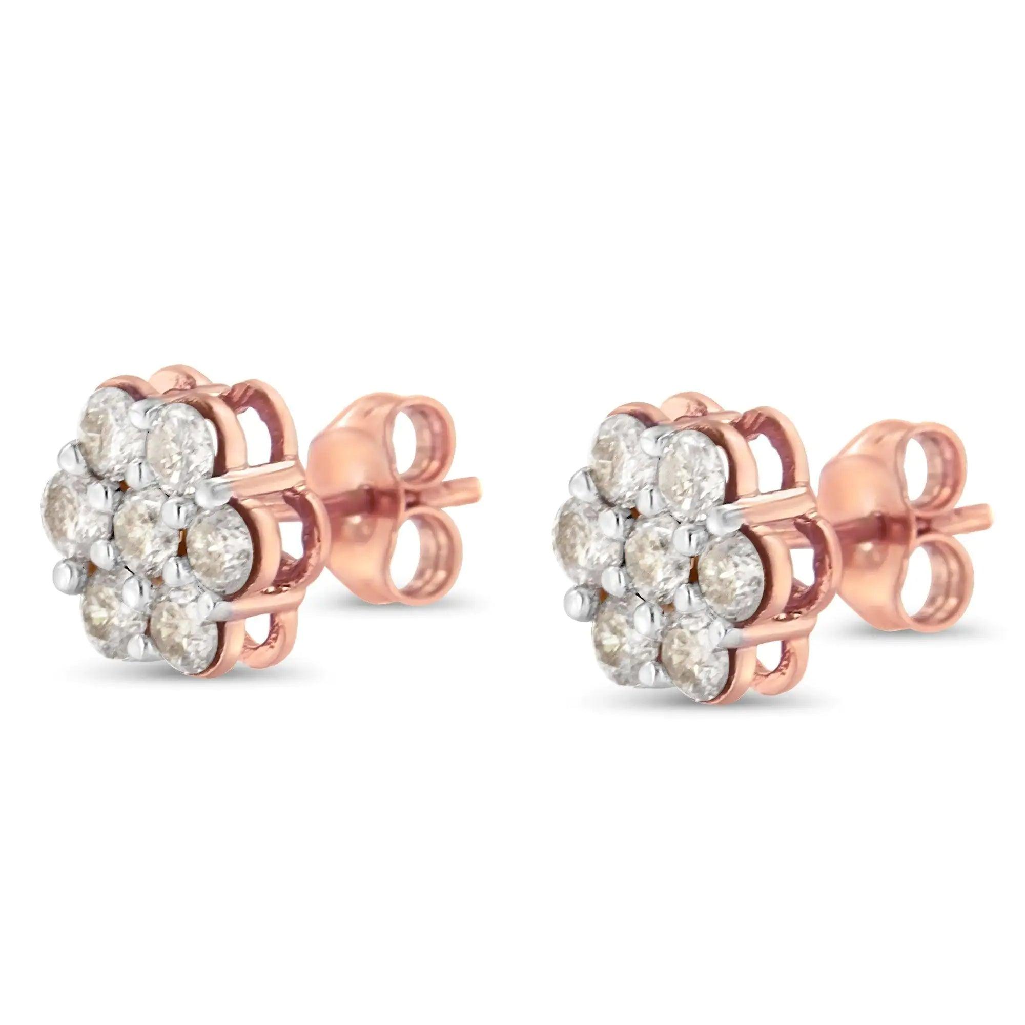 10K Rose Gold Diamond Floral Stud Earrings (1 cttw, J-K Color, I1-I2 Clarity) - Evallys.com # #