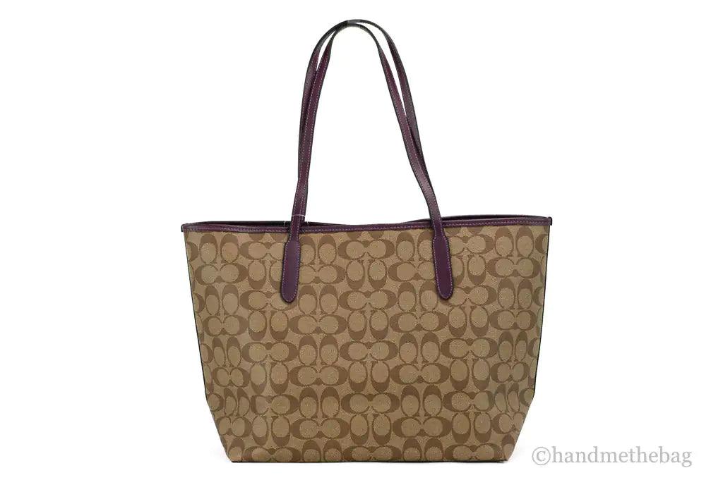 Coach (5696) Signature Coated Canvas Khaki Boysenberry City Tote Shoulder Bag - Evallys.com # #