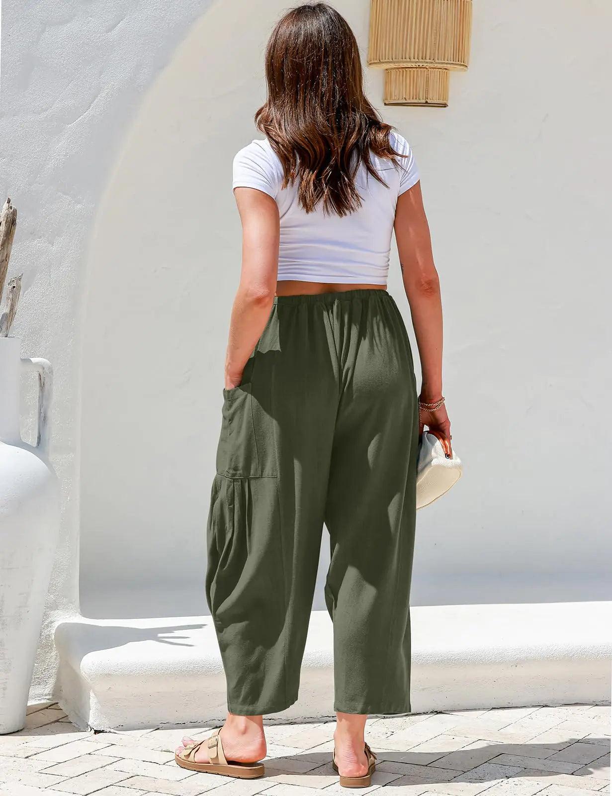 TARSE Womens Linen Wide Leg Pants Casual Loose Drawstring Low Waist Beach Palazzo Harem Pants with Pockets Large Green - Evallys.com # #