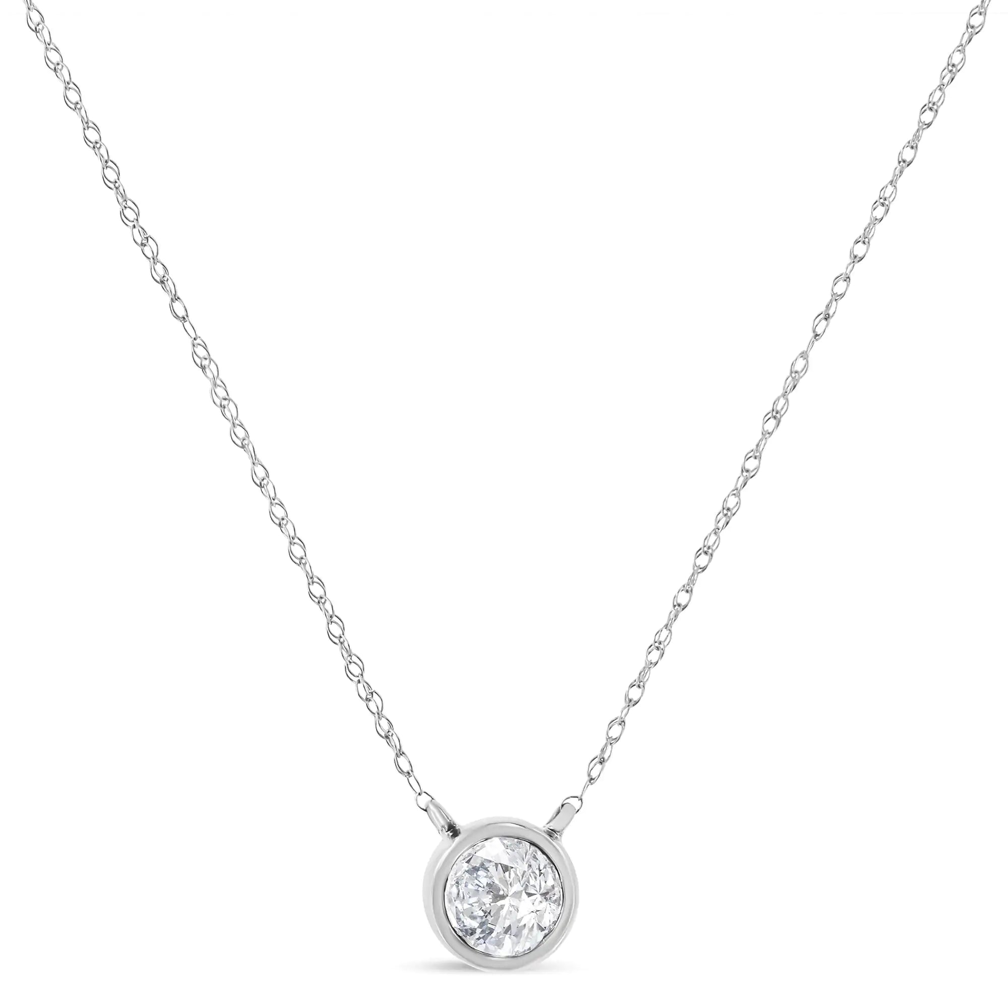 10K White Gold 1/5 Carat Round Brilliant-Cut Diamond Modern Bezel-Set Solitaire 16"-18" Pendant Necklace (H-I Color, SI2-I1 Clarity) - Evallys.com # #