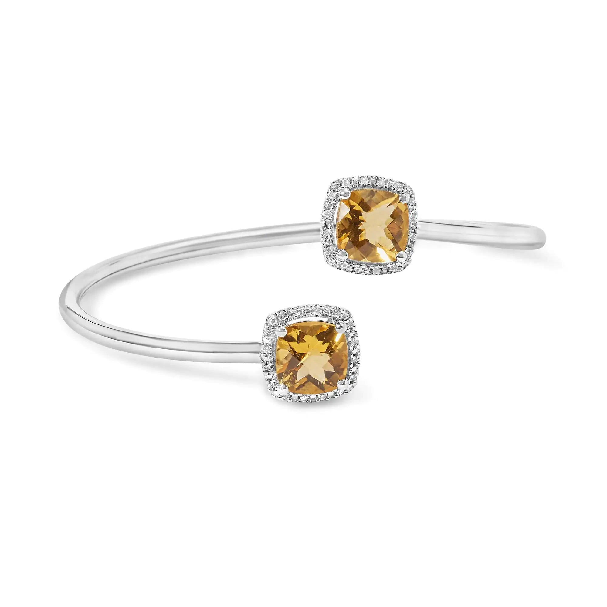 .925 Sterling Silver 8mm Cushion Cut Yellow Citrine Gemstone and Diamond Accent Split Bypass Bangle Bracelet (H-I Color, SI1-SI2 Clarity)  - Fits up to 7.75" Inches - Evallys.com # #