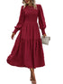 PRETTYGARDEN Women 2024 Puff Long Sleeve Crewneck Smocked Maxi Dress Solid Empire Waist Tiered A-line Swing Flowy Long Dress Medium Wine Red - Evallys.com # #
