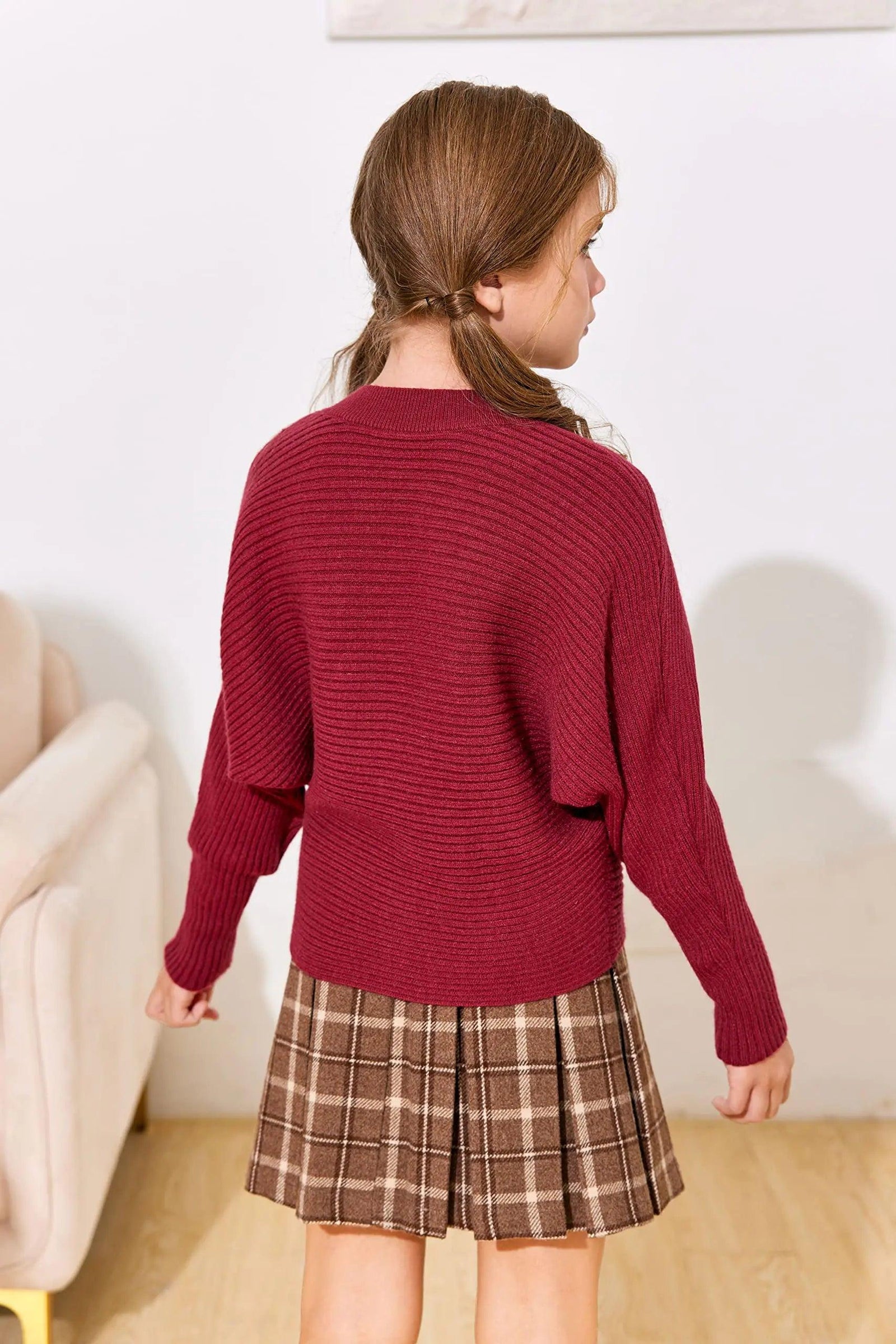 Mafulus Girl's Oversized Crewneck Fall Sweaters Kids Batwing Long Sleeve Slouchy Chunky Cute Pullover Jumper Shirts 5-14T 9-10 Years Burgundy - Evallys.com # #