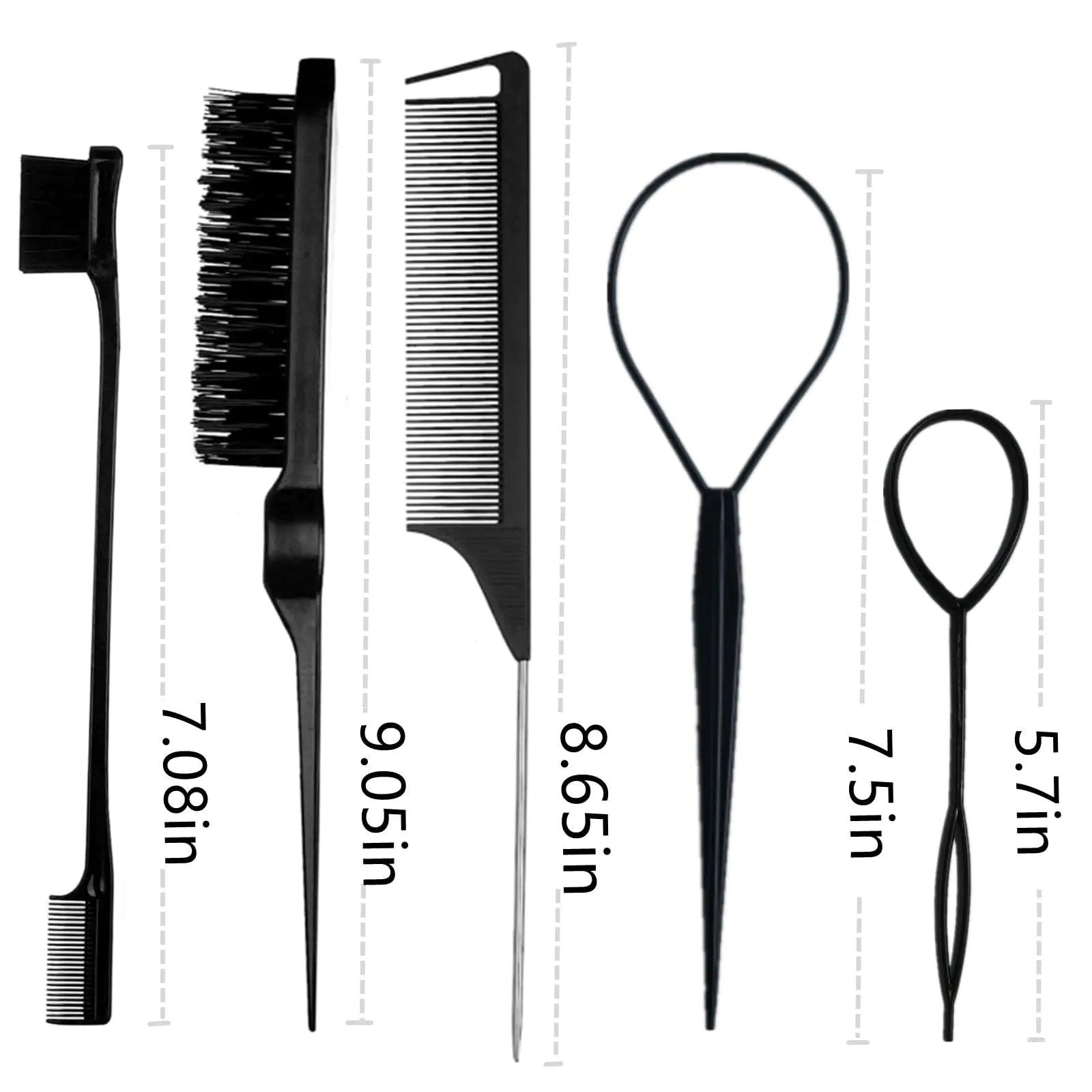 8Pcs Black Hair Brushes Set with 4Pcs Topsy Tail Tools, Teasing Bristle Brush, Edge Control Brush, and 2Pcs Metal Pin Rat Tail Combs for Women's Hair Styling and Brushing - Evallys.com # #