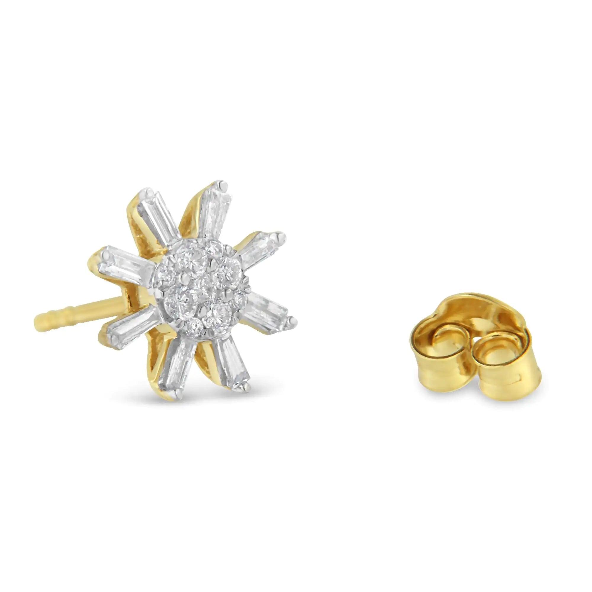 10k Yellow Gold Round and Baguette Diamond Stud Earring (0.50 cttw, H-I Color, I2-I3 Clarity) - Evallys.com # #