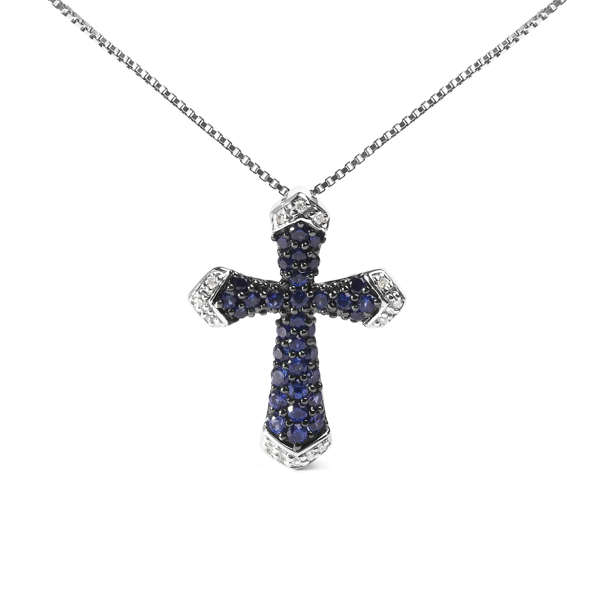 .925 Sterling Silver 3/4 Cttw Created Blue Sapphire and White Diamond Accent Cross Pendant Necklace - 18" Inches - Evallys.com # #