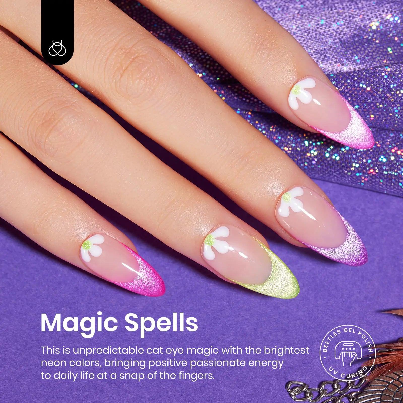 Beetles 6 Colors Summer Neon Cat Eye Gel Nail Polish Kit with Double-ended Magnet, Bright Orange Blue Green Purple Holographic Glitter Magic Spells Soak Off UV Led Gel Nail Polish Set Nail Art 0 - 6 Colors Cat Eyes Magic Spells - Evallys.com # #