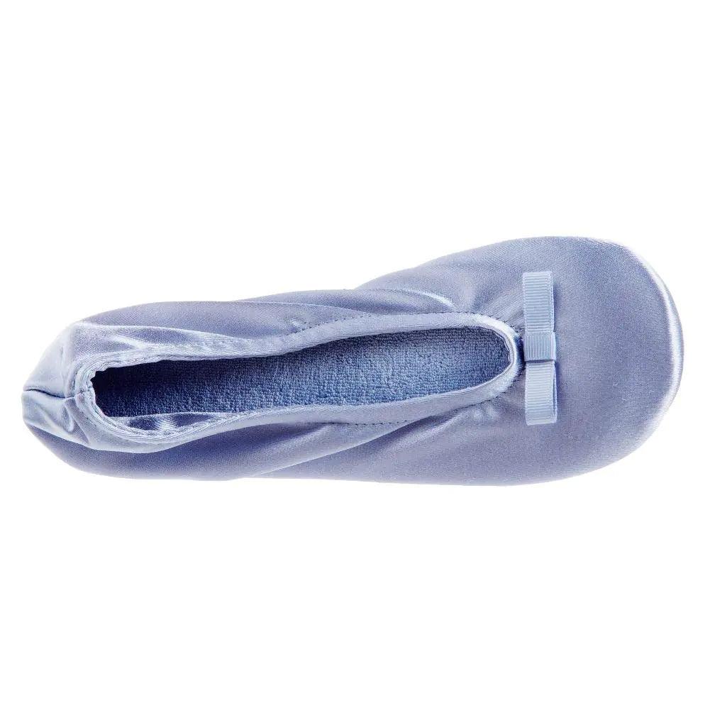 isotoner Women's Satin Ballerina Slippers with Classic Ribbon Or Soft Tie Bow and Suede Sole 8-9 Ribbon Bow - Periwinkle - Evallys.com # #