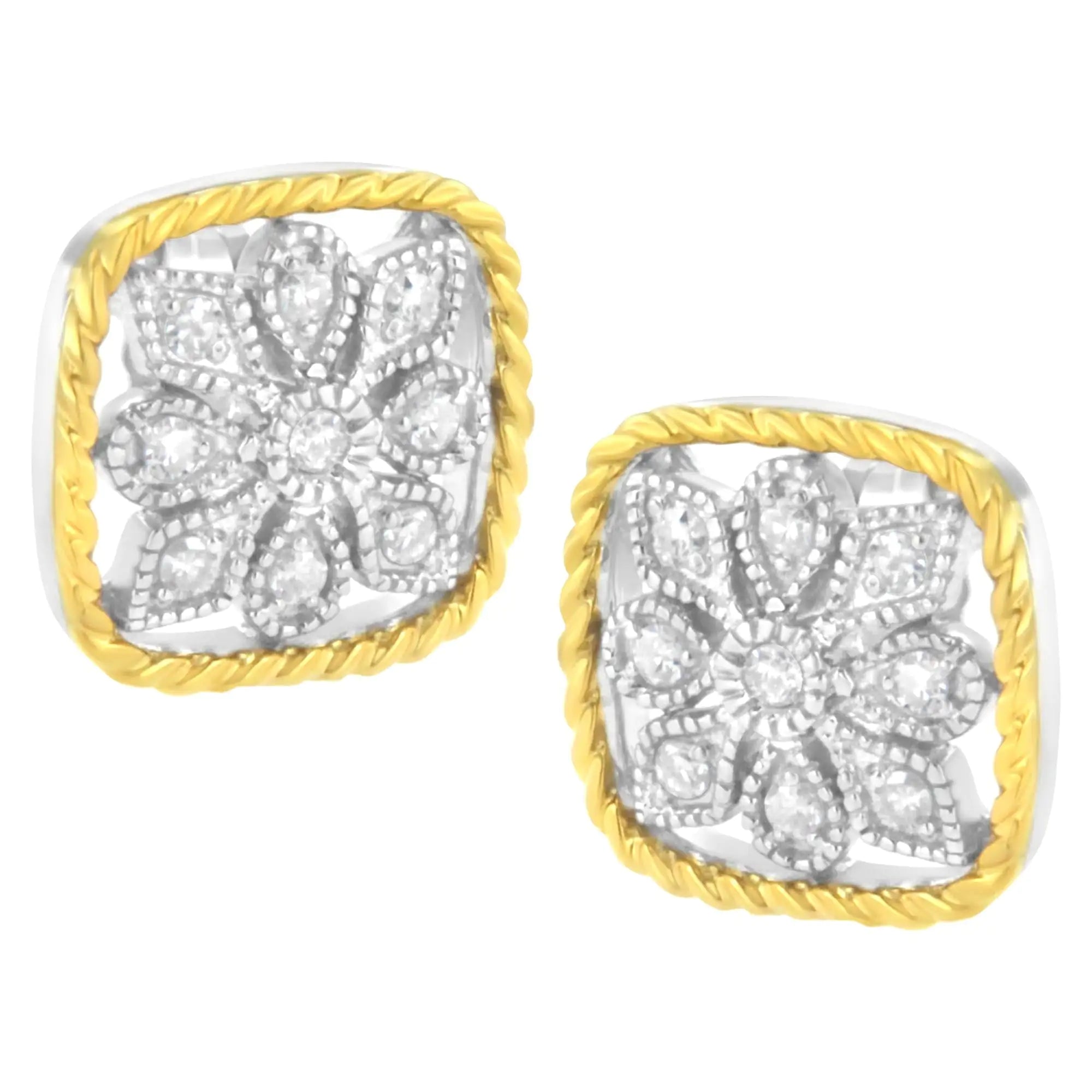 10K Yellow Gold Plated .925 Sterling Silver 1/4 cttw Diamond "Flower in a Box" Stud Earrings (I-J Color, I2-I3 Clarity) - Evallys.com # #