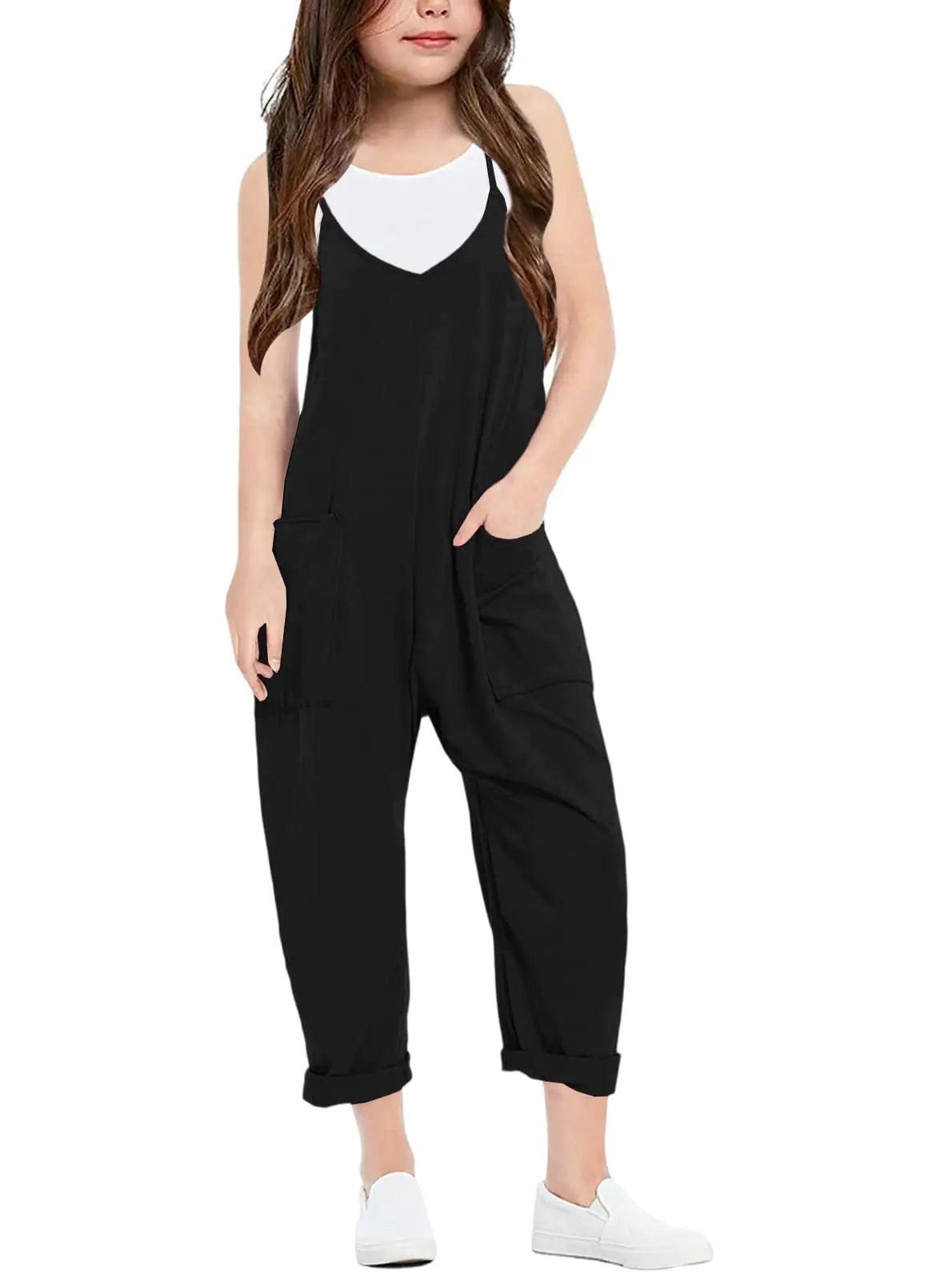 Cnkwei Girls' Casual Sleeveless Jumpsuits Spaghetti Strap Loose Romper Long Pants with Pockets 11-12 Years Modern Black - Evallys.com # #