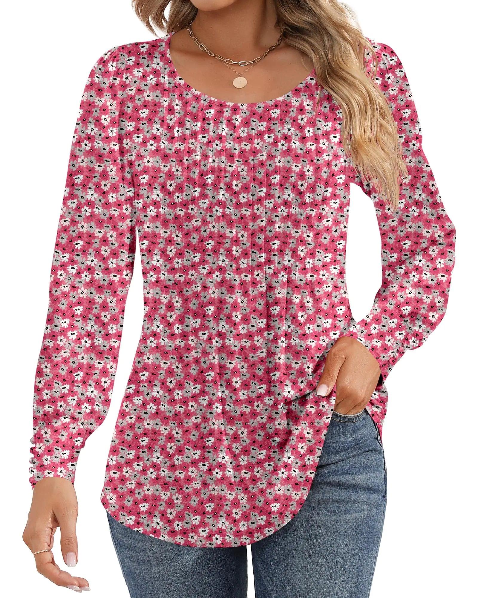 Ficerd Women's Puff Long Sleeve Tunic Tops Pleated Crew Neck Blouses Dressy Casual Loose Fit Fall and Winter Shirts Pink Floral Large - Evallys.com