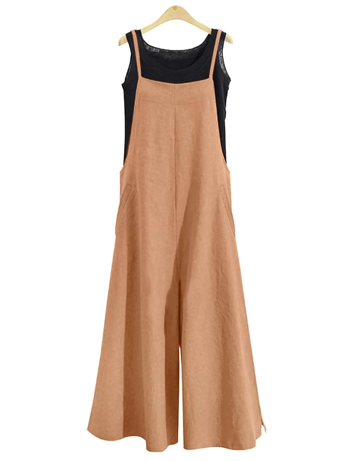 YESNO Women Casual Loose Long Bib Pants Wide Leg Jumpsuits Baggy Cotton Rompers Overalls with Pockets PZZTYP2 3X-Large Apricot - Evallys.com # #