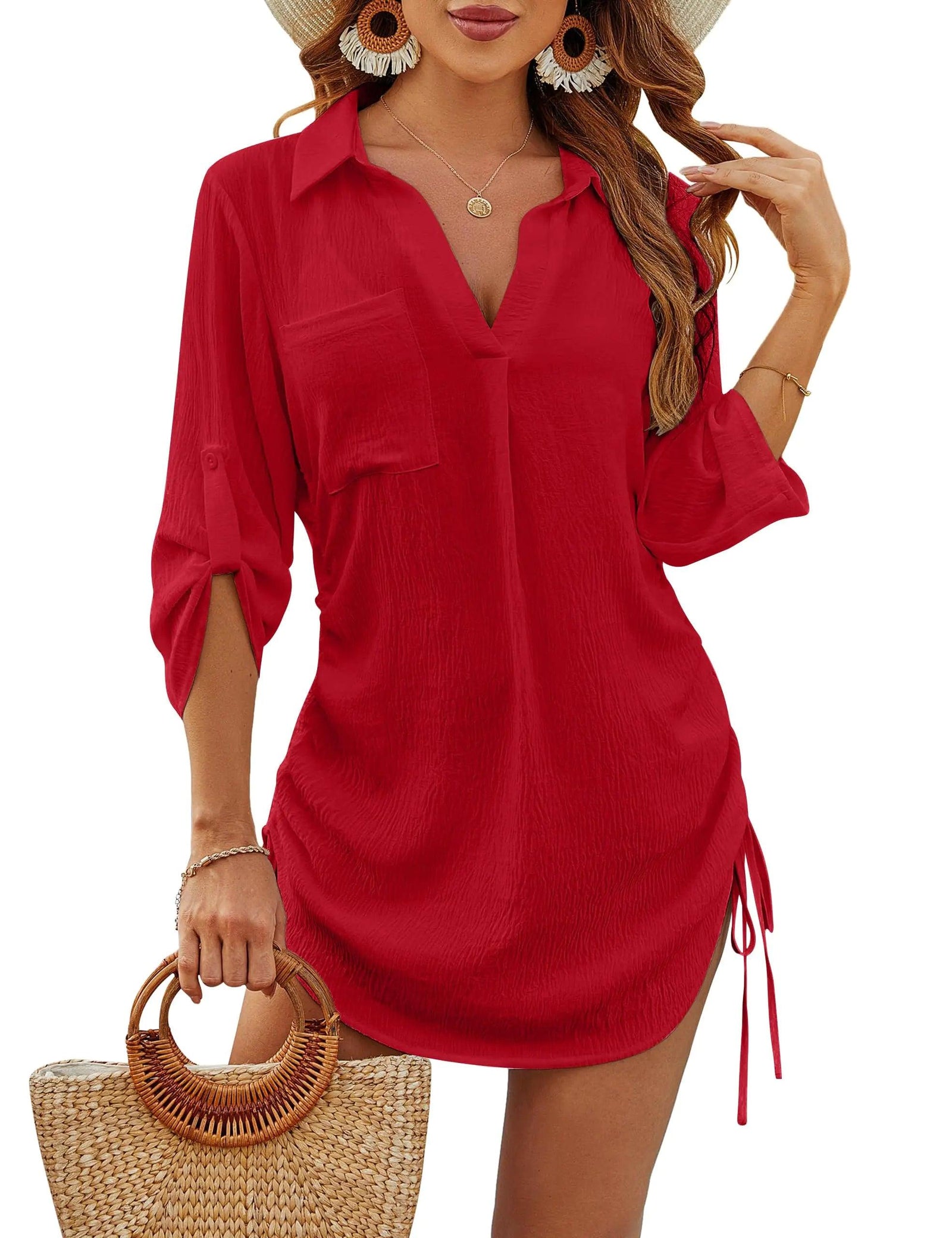 Blooming Jelly Womens Bathing Suit Cover Ups Bikini Swimsuit Coverup Drawstring Beach Dress Shirt Large Red - Evallys.com # #