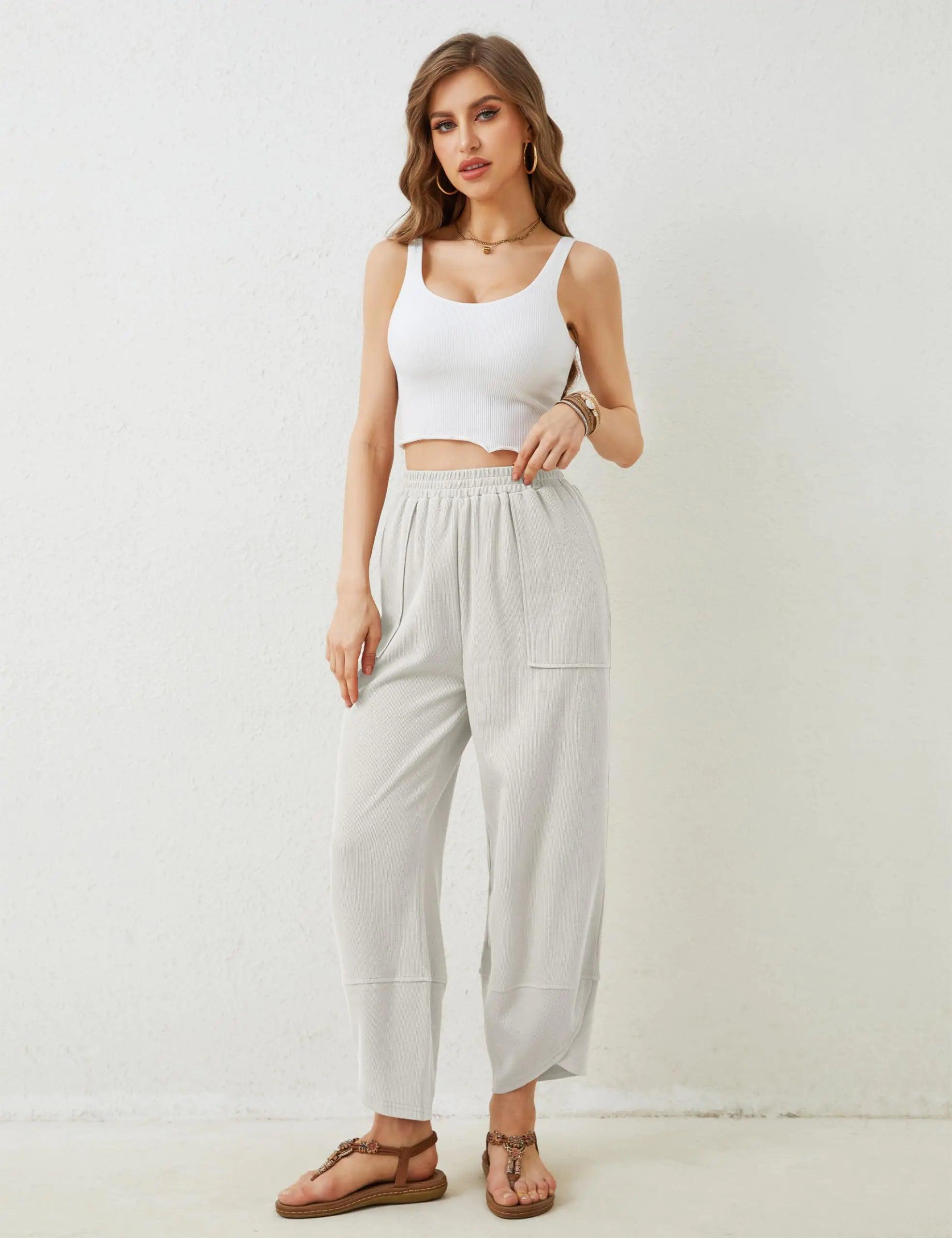 Xiaoxuemeng Womens Baggy Wide Leg Pants Casual Elastic Waisted Palazzo Harem Pants with Pockets Large White - Evallys.com # #