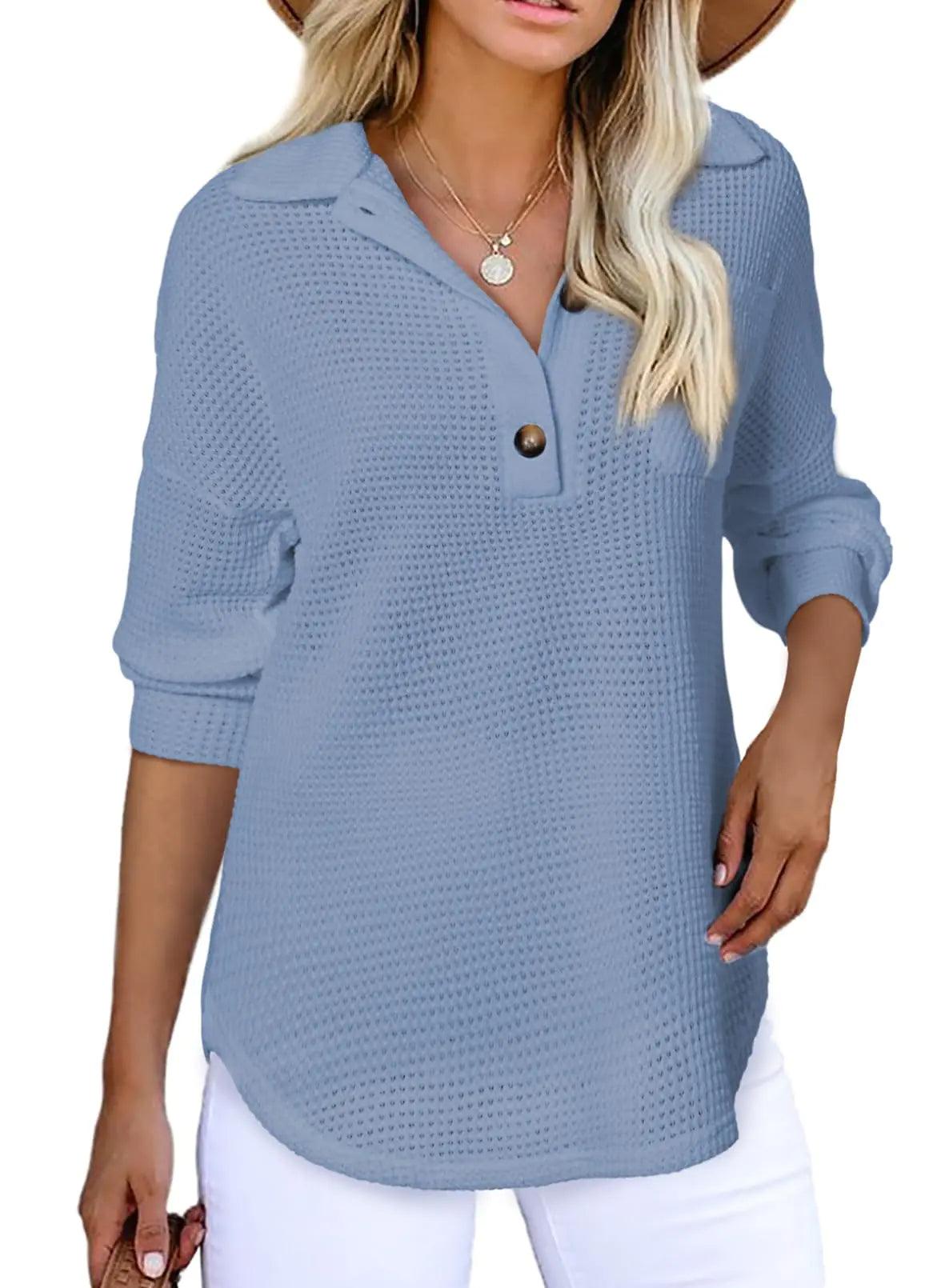 Astylish Women Waffle Knit Tops Henley Shirts Long Sleeve V Neck Solid Color Casual Tunics Large X Sky Blue - Evallys.com # #