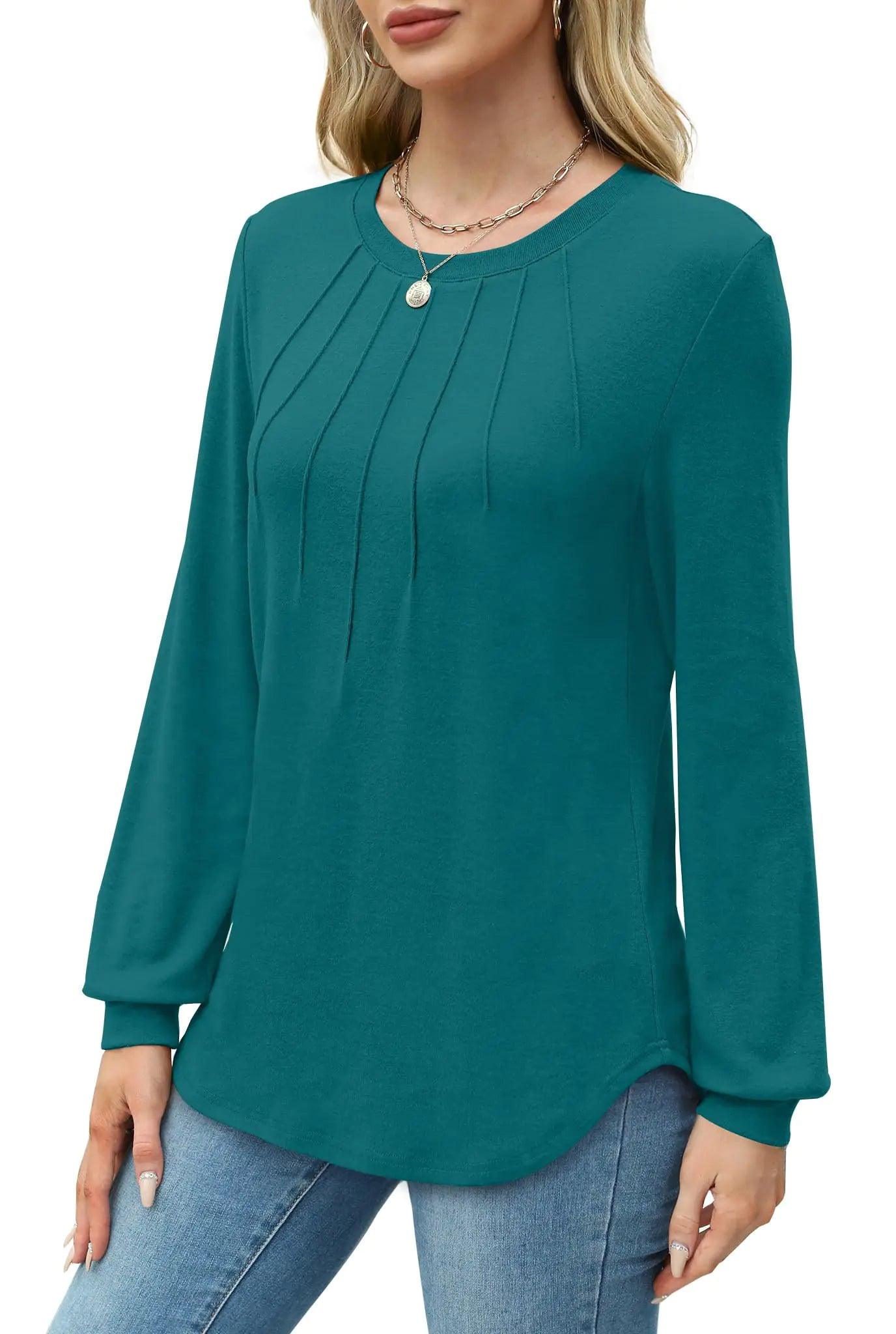 WIHOLL Womens Tunic Tops Loose Fit Long Sleeve Pleated Shirts Crewneck Tops Storm Blue Medium - Evallys.com # #