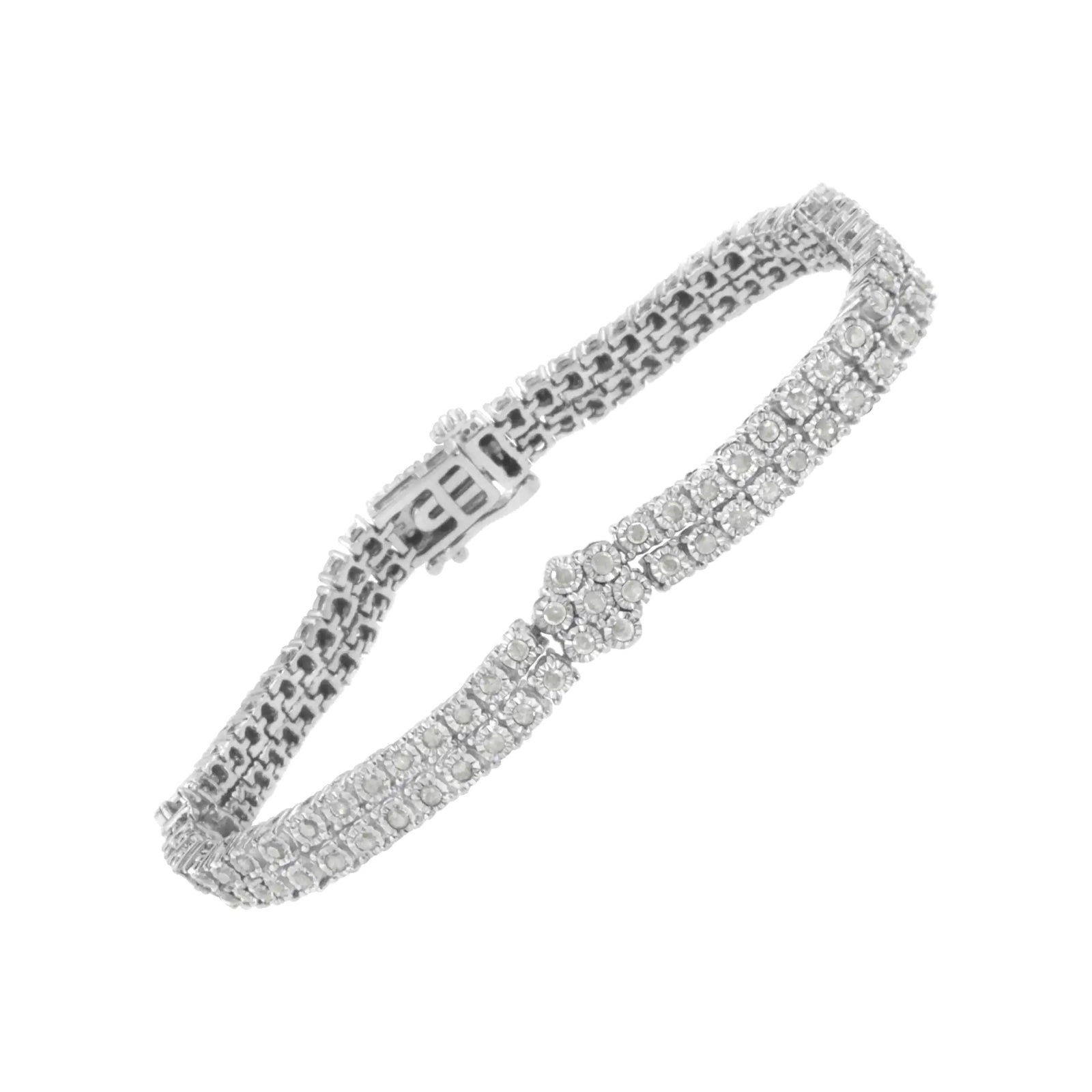 .925 Sterling Silver Diamond Double Row and Floral Cluster Tennis Bracelet (2 cttw, I-J Color, I3 Clarity) - Size 7.25